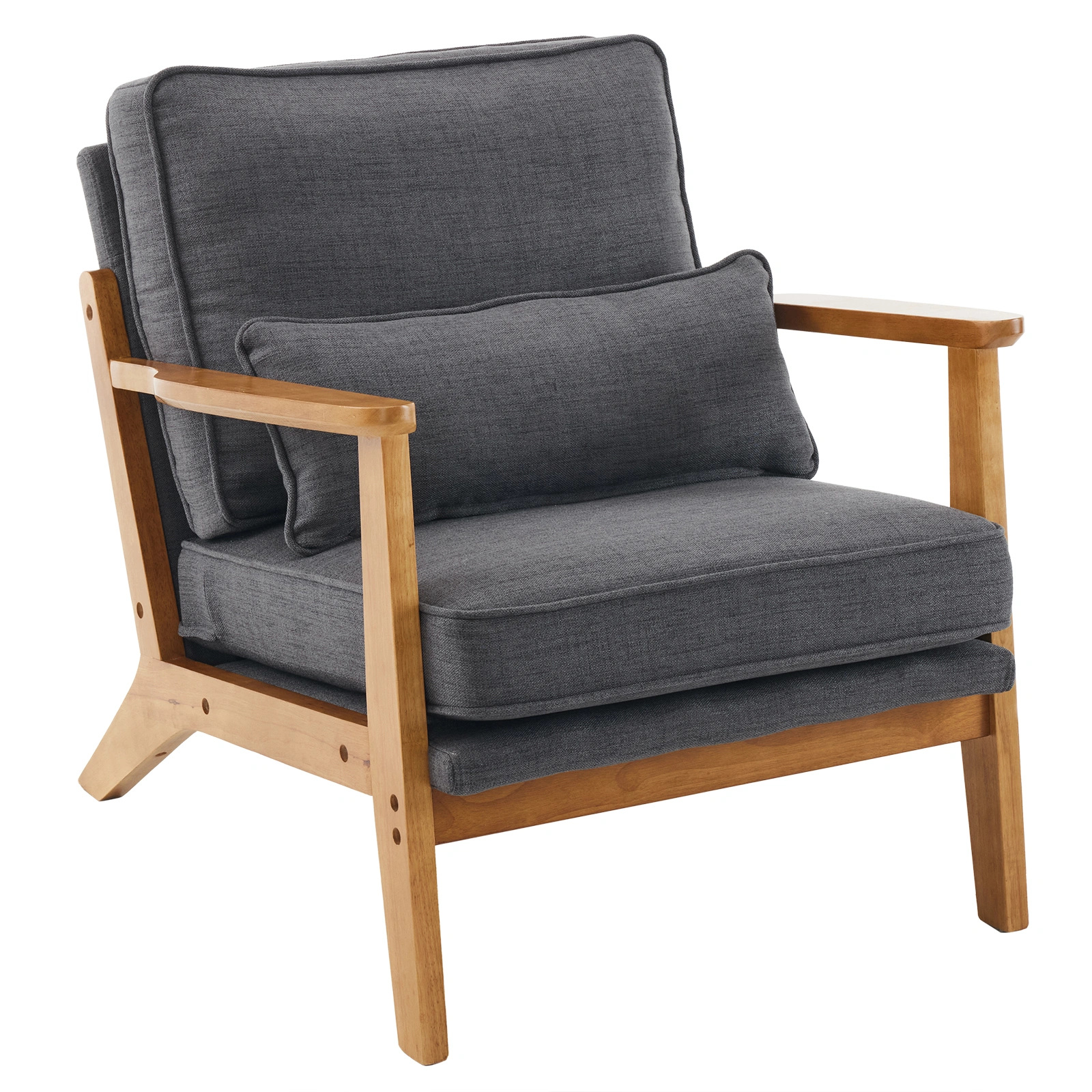 Mid-Century Oak Accent Chair - Linen-Cotton Dark Gray Upholstered Single Lounge Chair, Indoor Armchair with Sturdy Wood Frame 330LBS Weight Capacity