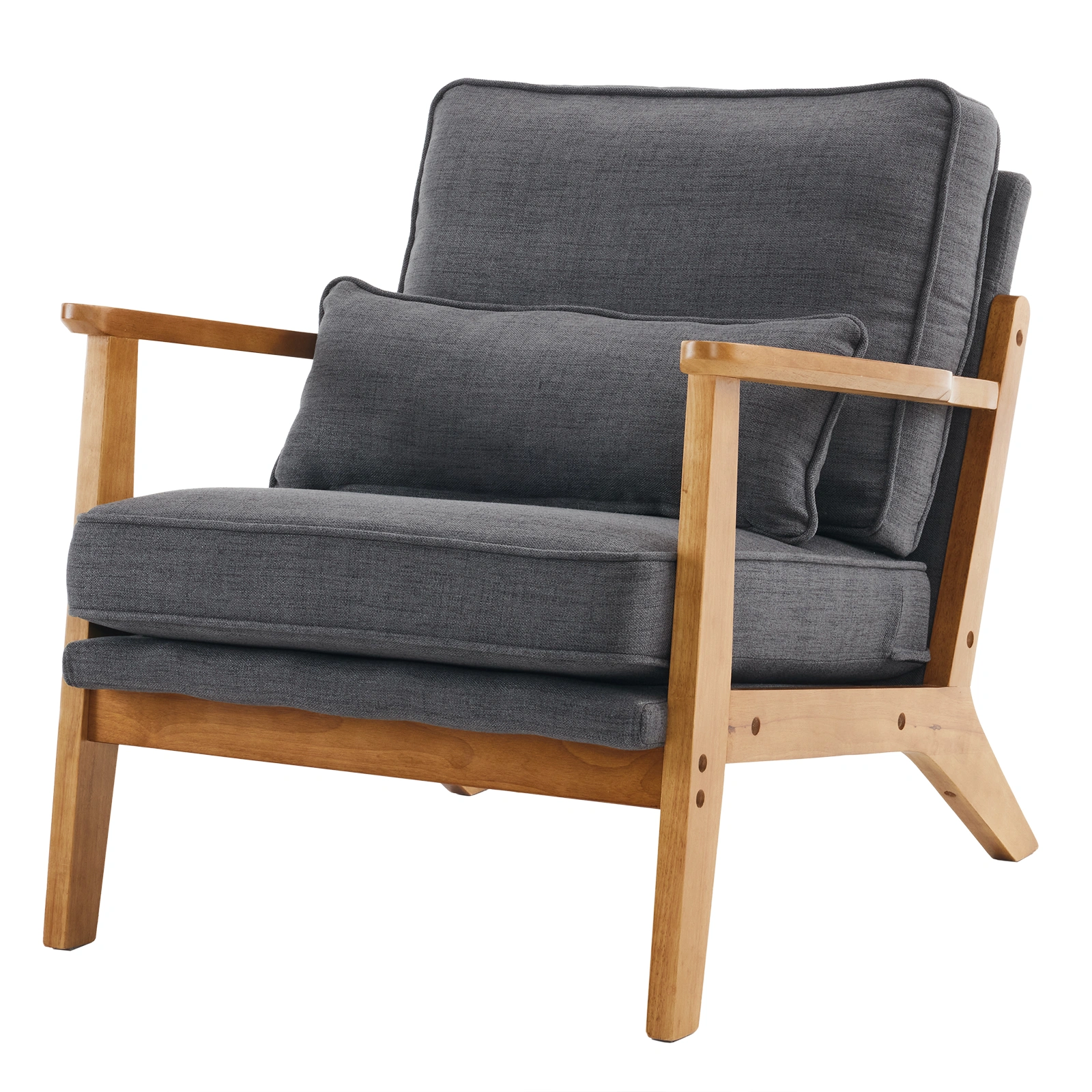 Mid-Century Oak Accent Chair, Linen-Cotton Dark Gray Upholstered Lounge Chair, Sturdy Wood Frame, 330 LBS Weight Capacity view 3
