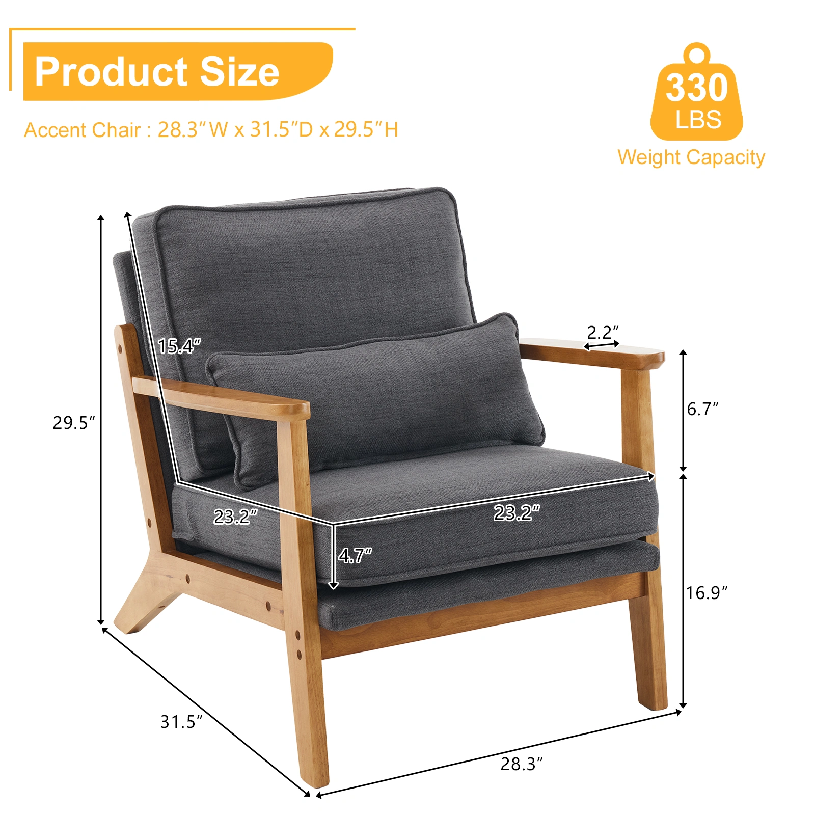 Mid-Century Oak Accent Chair, Linen-Cotton Dark Gray Upholstered Lounge Chair, Sturdy Wood Frame, 330 LBS Weight Capacity view 4