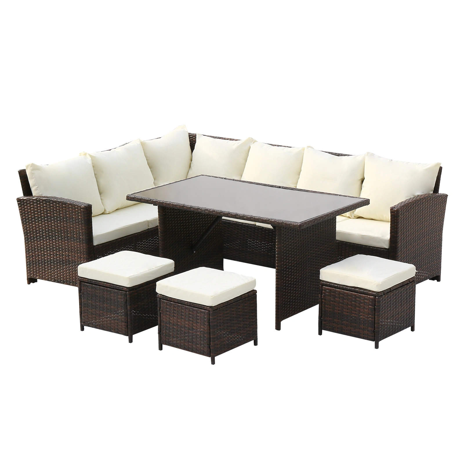 9-Seater Outdoor Rattan Dining Set with Glass Table & Black Silk Screen, Brown Gradient Wicker, Beige UK Flame Retardant Covers, Includes Free Rain Cover view 2