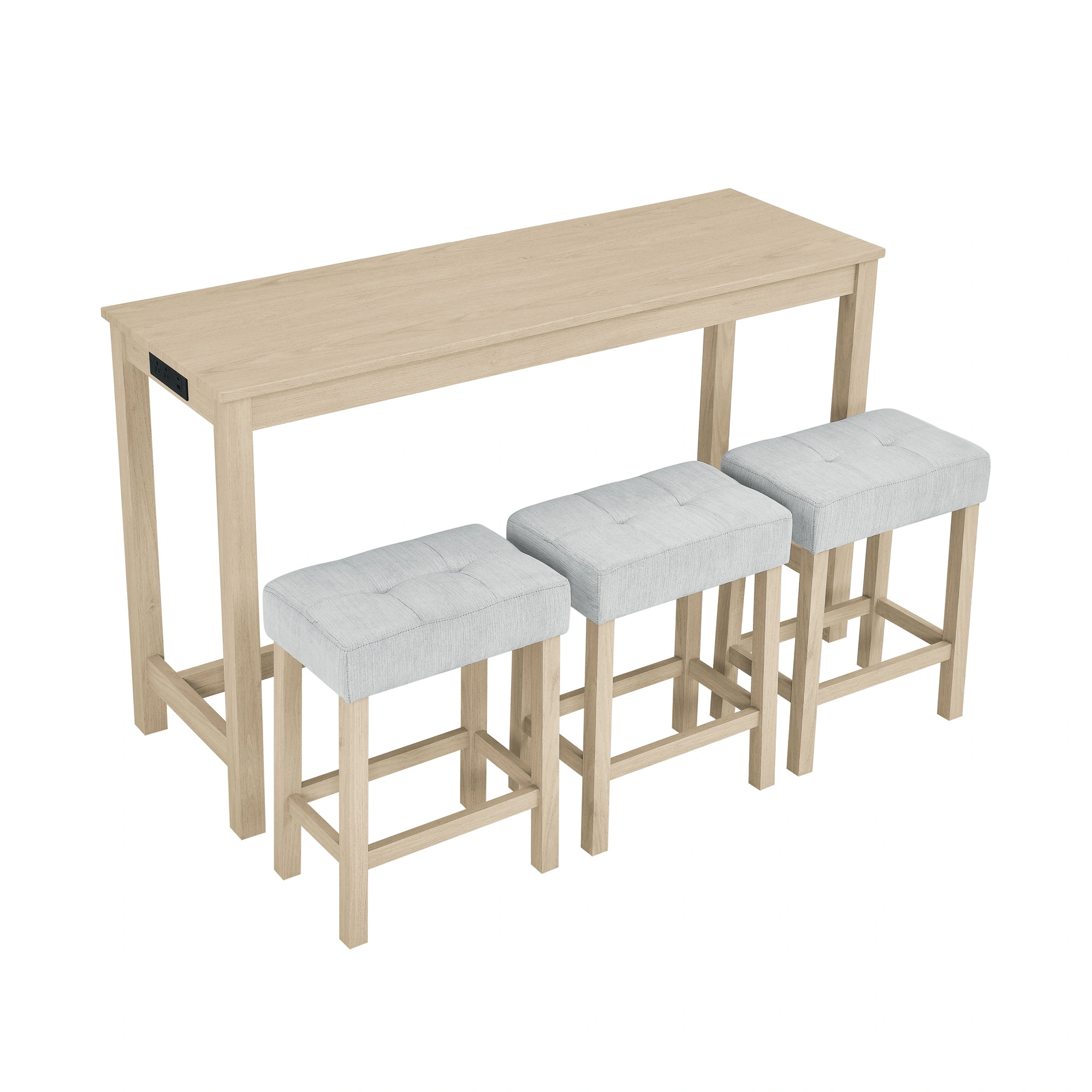 59 Inch Bar Table Set with Power Outlet & USB, 3 Upholstered Stools, High Top Dining Table for Living Room Kitchen with Storage Rack, 4 Piece Counter Height Table Set view 13