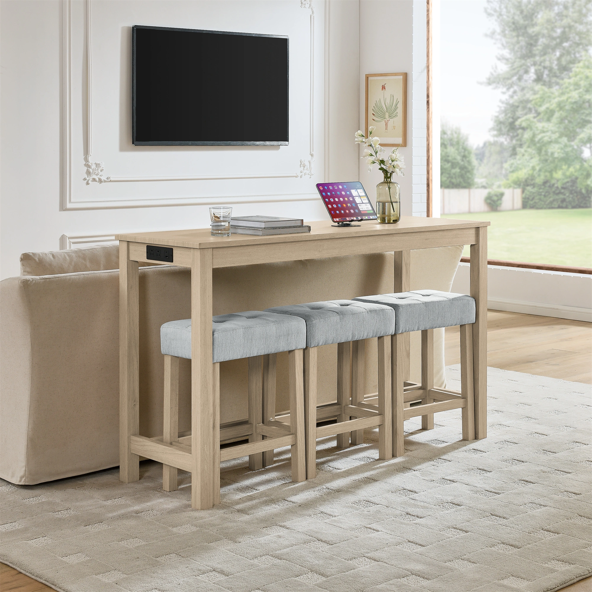 59 Inch Bar Table Set with Power Outlet & USB, 3 Upholstered Stools, High Top Dining Table for Living Room Kitchen with Storage Rack, 4 Piece Counter Height Table Set view 2