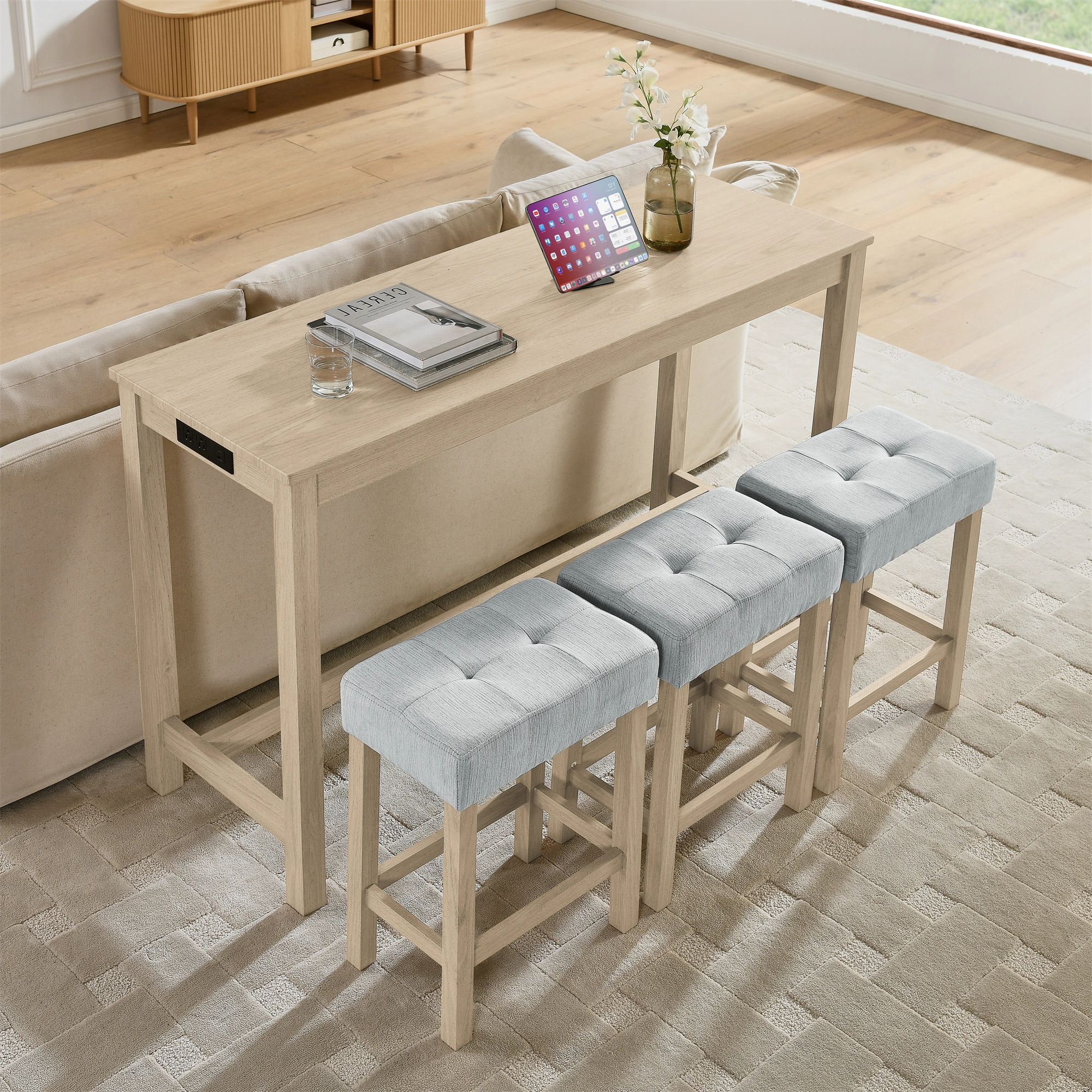 59 Inch Bar Table Set with Power Outlet & USB, 3 Upholstered Stools, High Top Dining Table for Living Room Kitchen with Storage Rack, 4 Piece Counter Height Table Set view 3