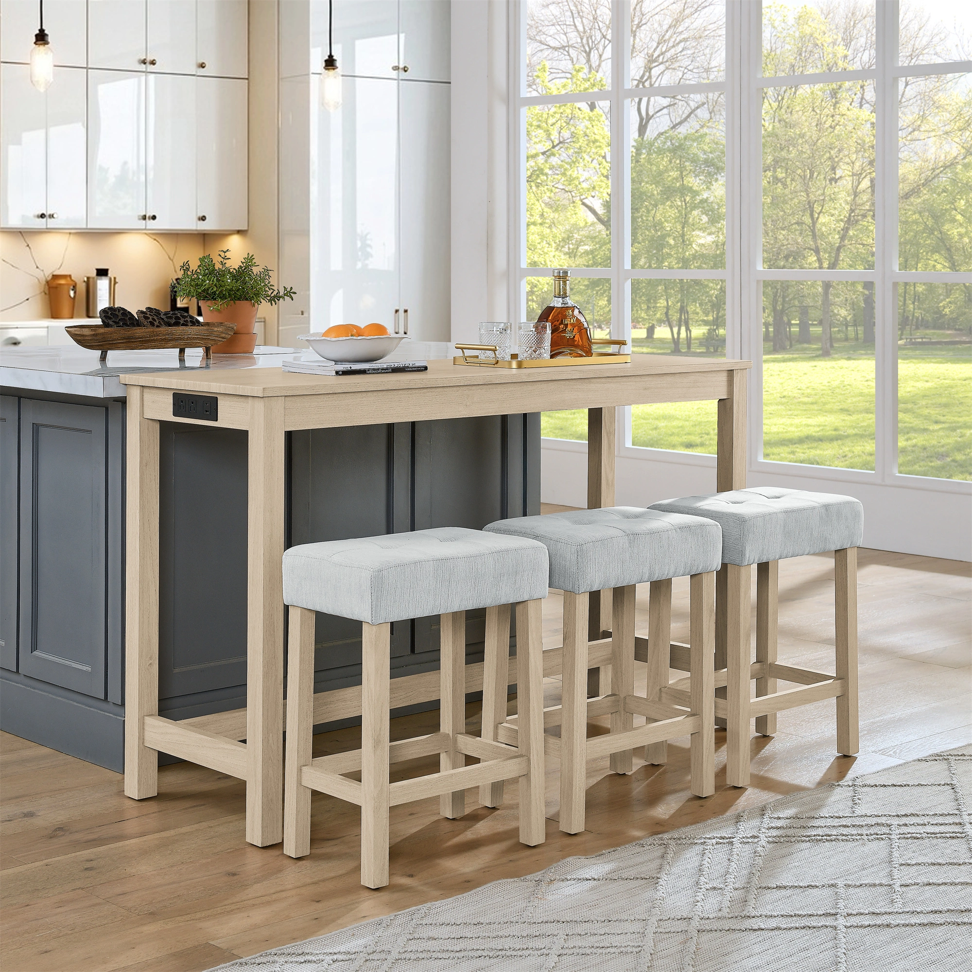59 Inch Bar Table Set with Power Outlet & USB, 3 Upholstered Stools, High Top Dining Table for Living Room Kitchen with Storage Rack, 4 Piece Counter Height Table Set view 6