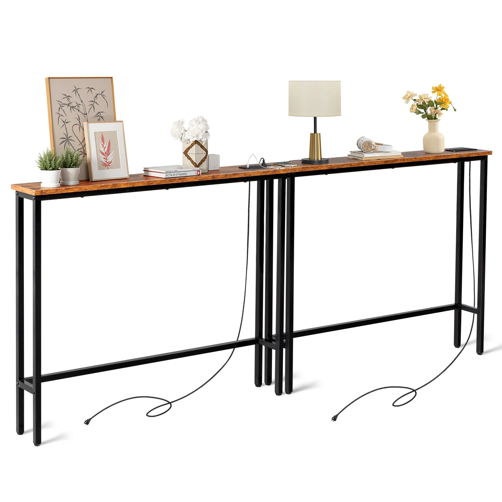 2 Pack 39.4" Narrow Console Sofa Table with Power Outlet USB Port Metal Frame Charge Station Rustic Brown
