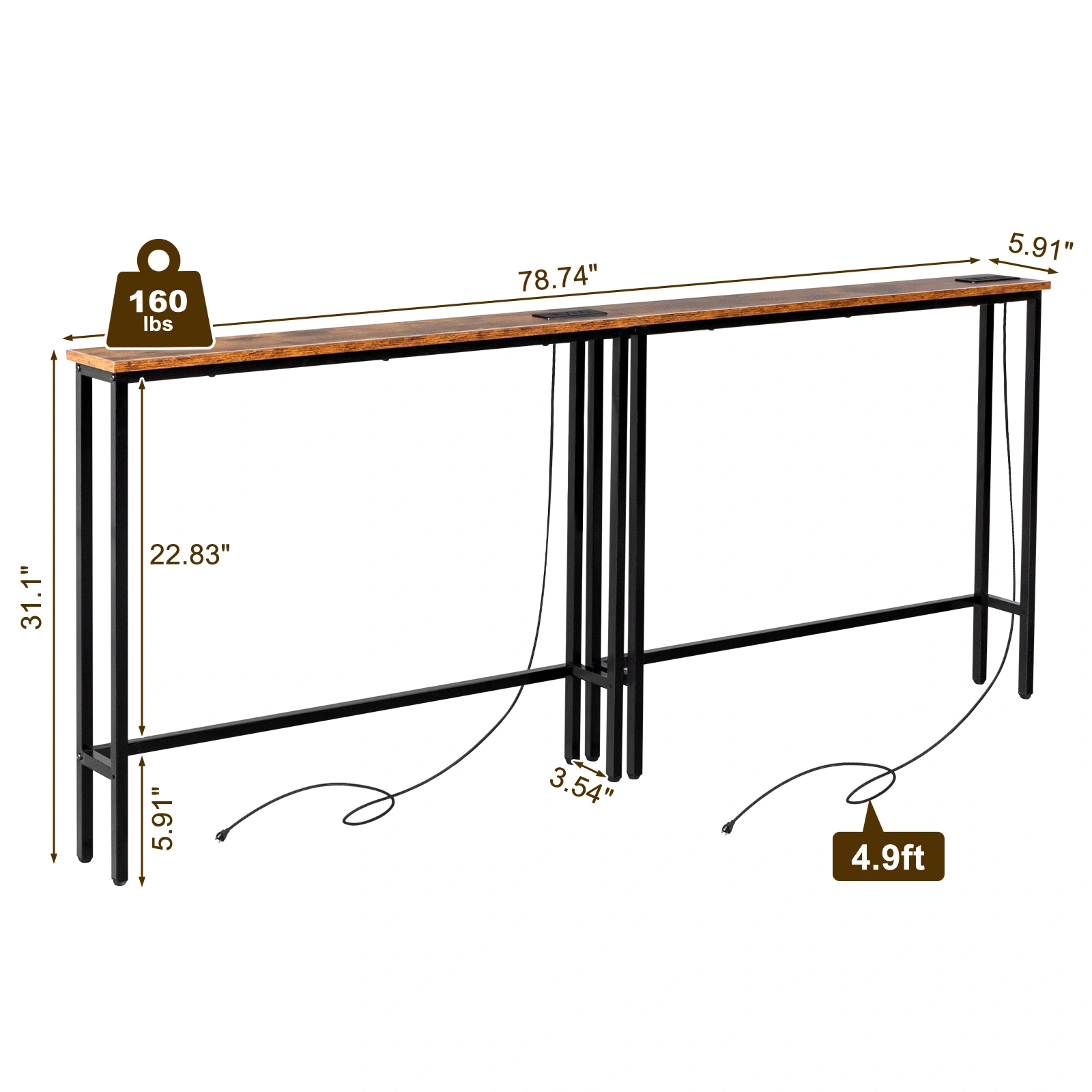 2 Pack 39.4" Narrow Console Sofa Table with Power Outlet USB Port Metal Frame Charge Station Rustic Brown view 2