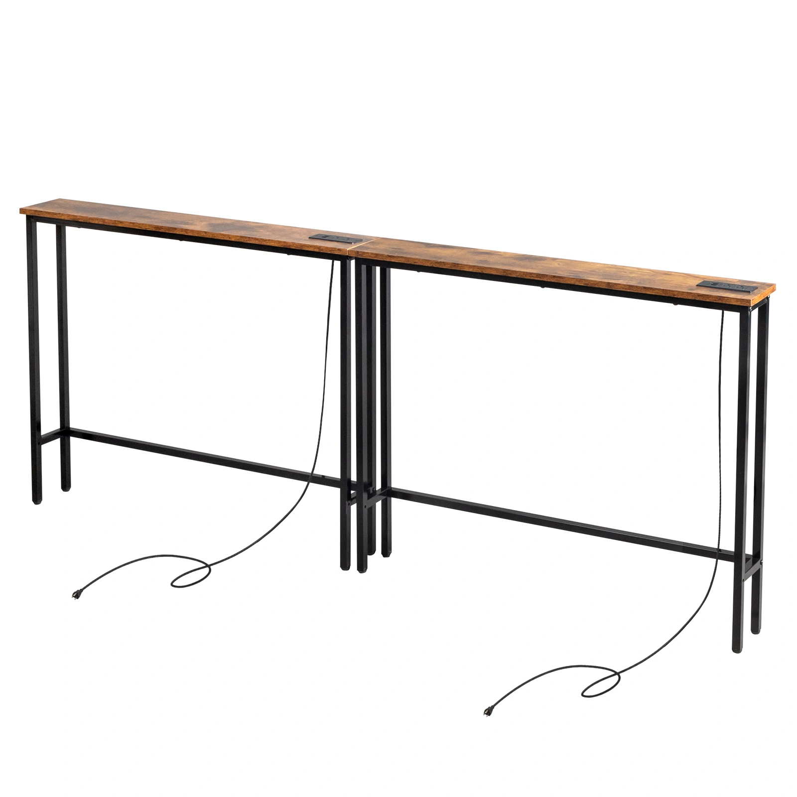 2 Pack 39.4" Narrow Console Sofa Table with Power Outlet USB Port Metal Frame Charge Station Rustic Brown view 4