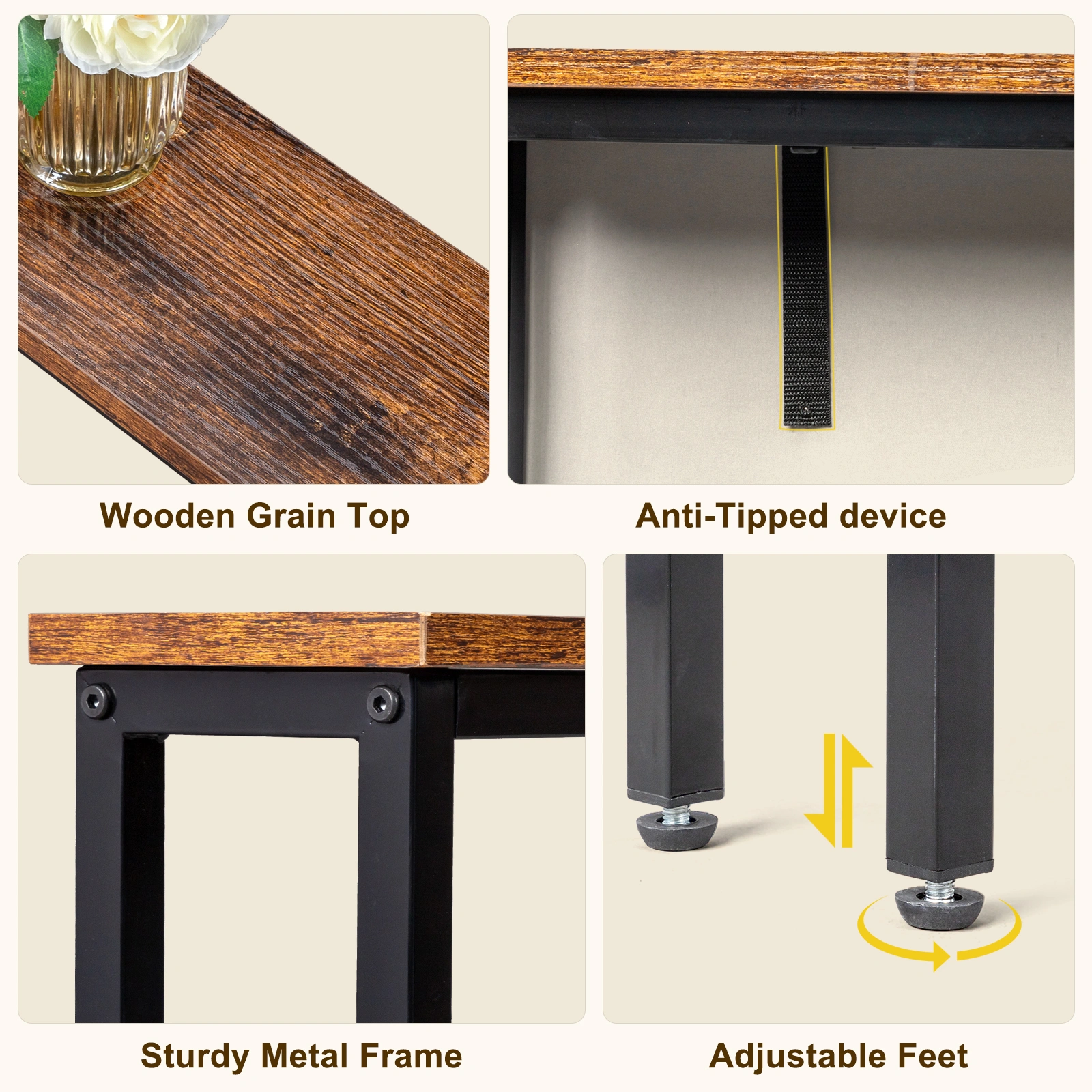 2 Pack 39.4" Narrow Console Sofa Table with Power Outlet USB Port Metal Frame Charge Station Rustic Brown view 5