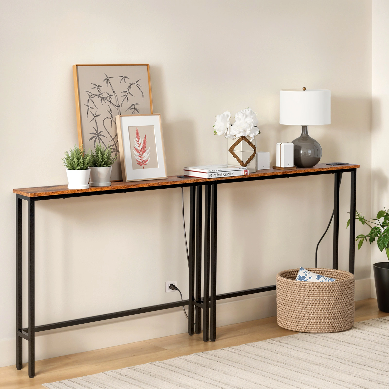2 Pack 39.4" Narrow Console Sofa Table with Power Outlet USB Port Metal Frame Charge Station Rustic Brown view 7