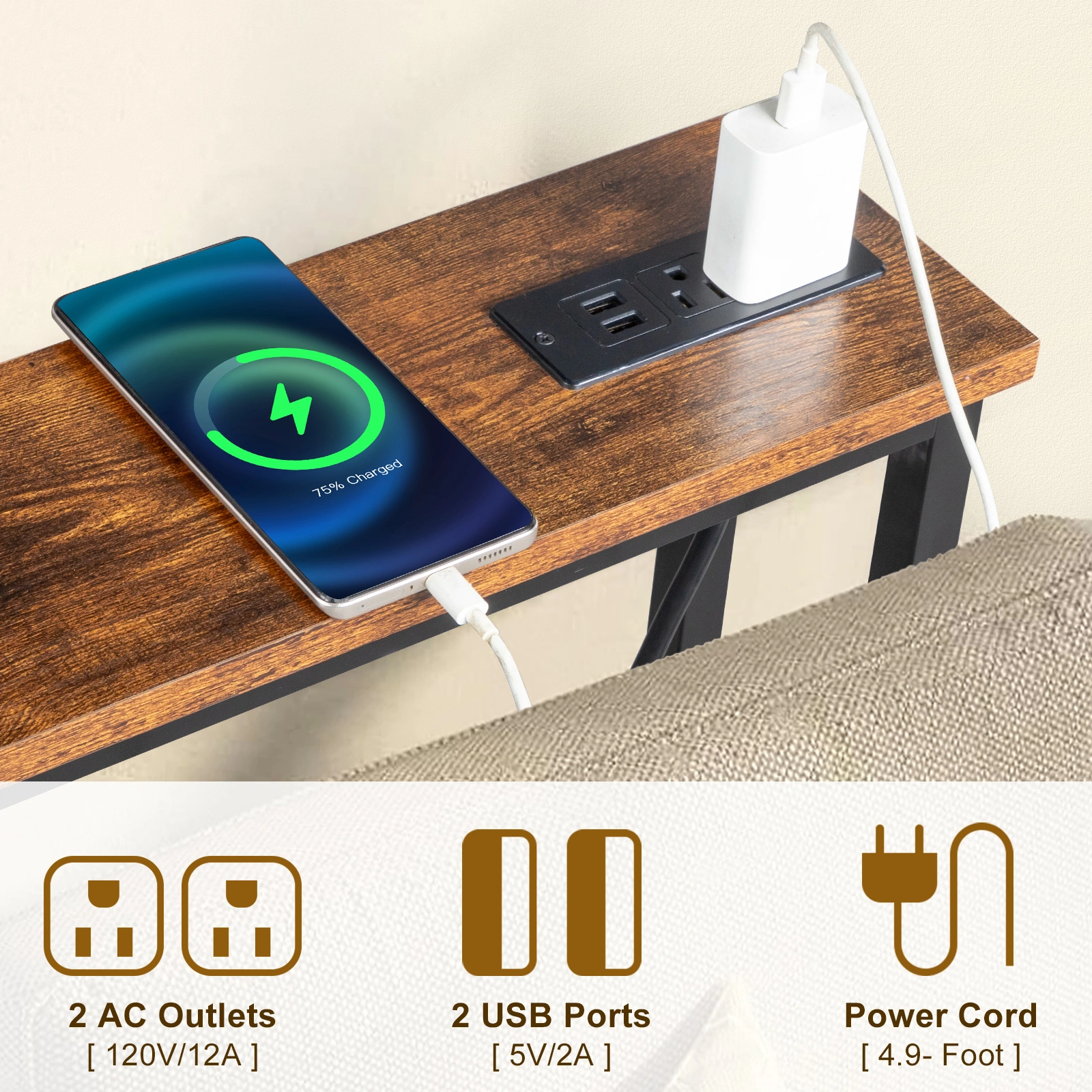 2 Pack 39.4" Narrow Console Sofa Table with Power Outlet USB Port Metal Frame Charge Station Rustic Brown view 9