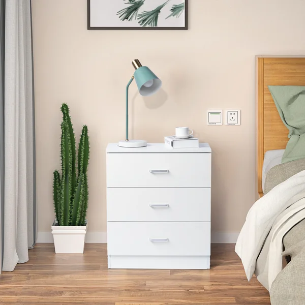3-Drawer Tall Cabinet Particleboard Bedside Table with Textured Melamine Finish White