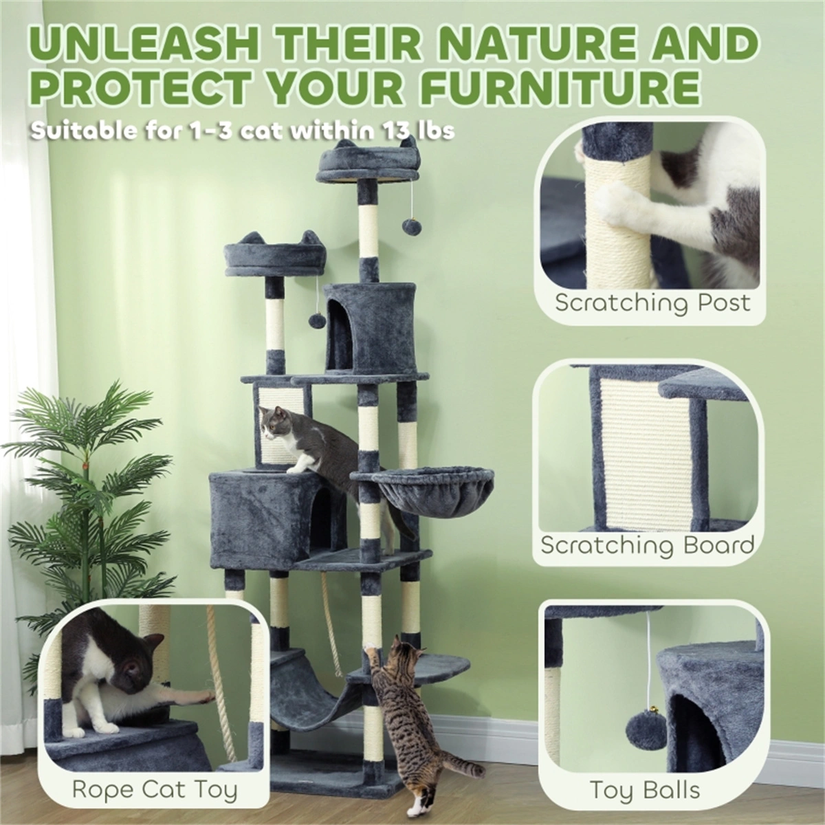 Cat Tree Tower Condo with Sisal Scratching Post, Kittens & Large Cats, Multi-Level Perch Bed Platform for Playing Sleeping & Relaxing view 2