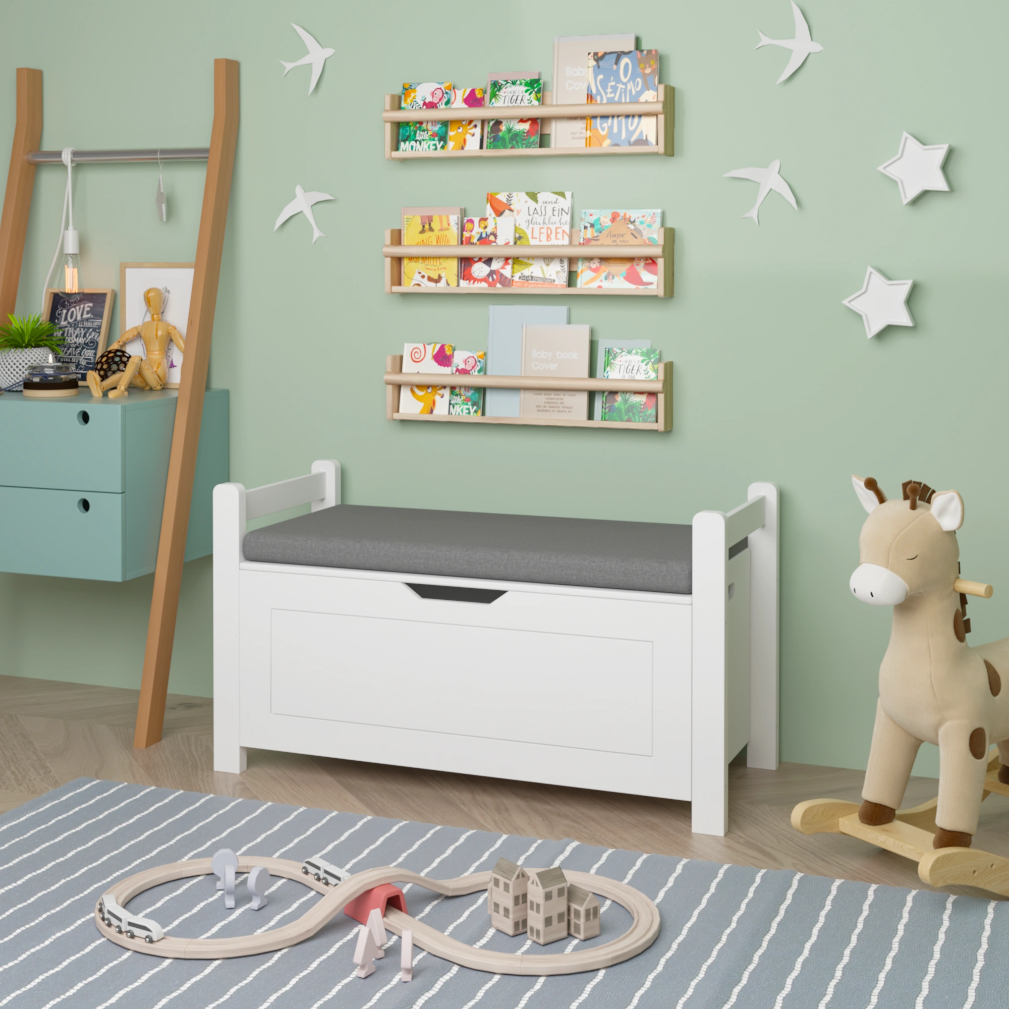 White Kids Toy Box Bench with Cushion Seat, Large Storage Chest with Flip-Top Lid & Safety Hinge, Toy Organizer Trunk for Nursery, Playroom view 10