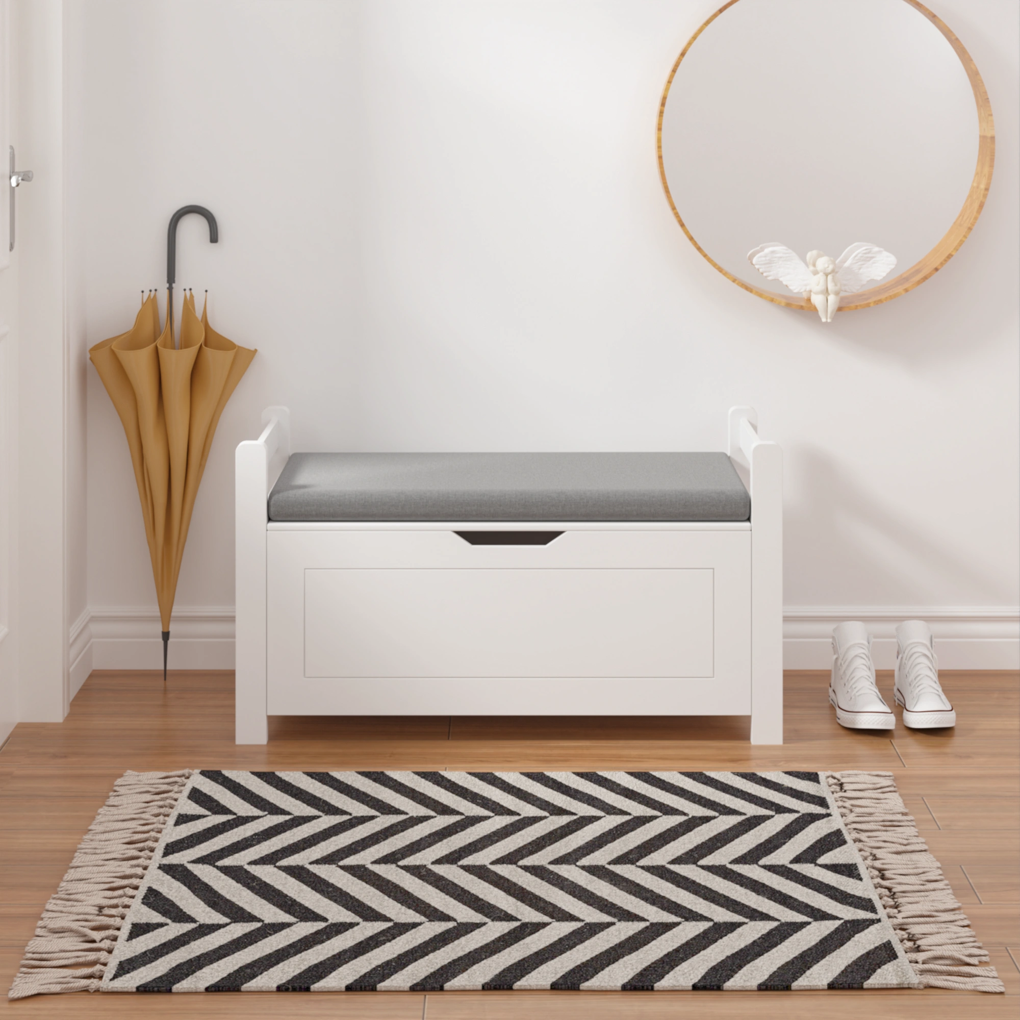 White Kids Toy Box Bench with Cushion Seat, Large Storage Chest with Flip-Top Lid & Safety Hinge, Toy Organizer Trunk for Nursery, Playroom view 13