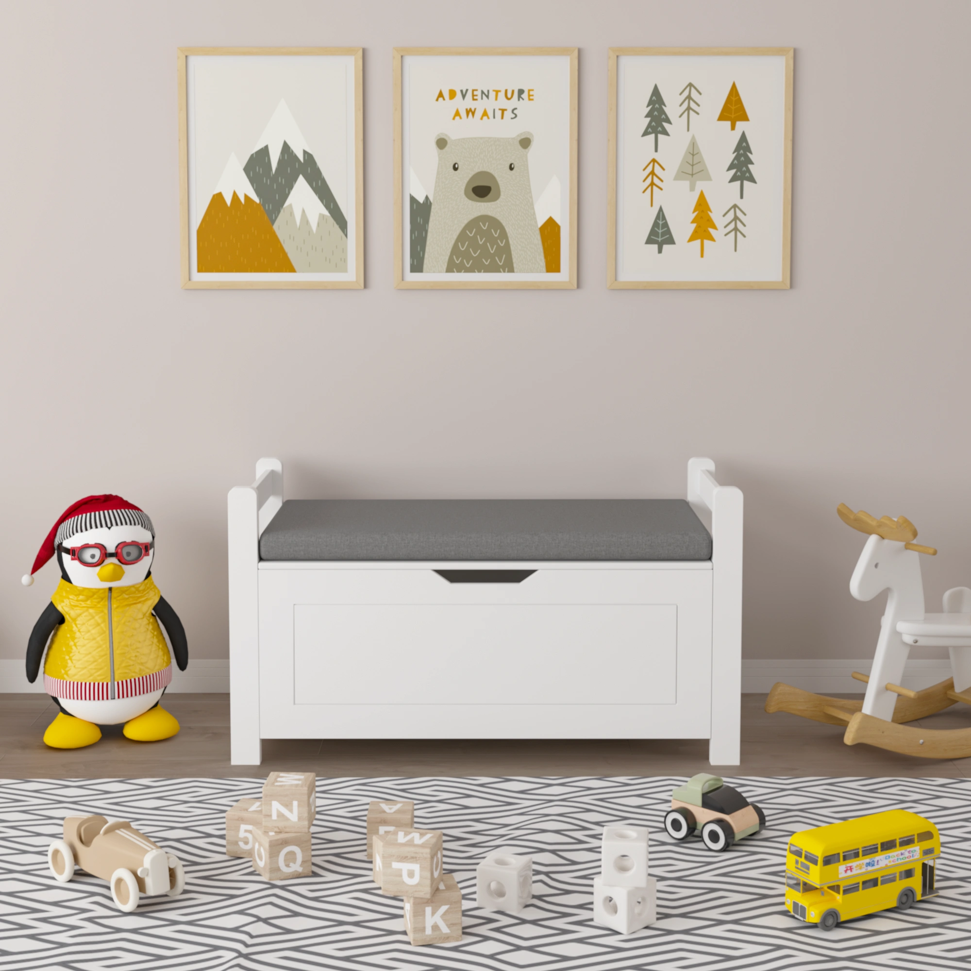 White Kids Toy Box Bench with Cushion Seat, Large Storage Chest with Flip-Top Lid & Safety Hinge, Toy Organizer Trunk for Nursery, Playroom view 18