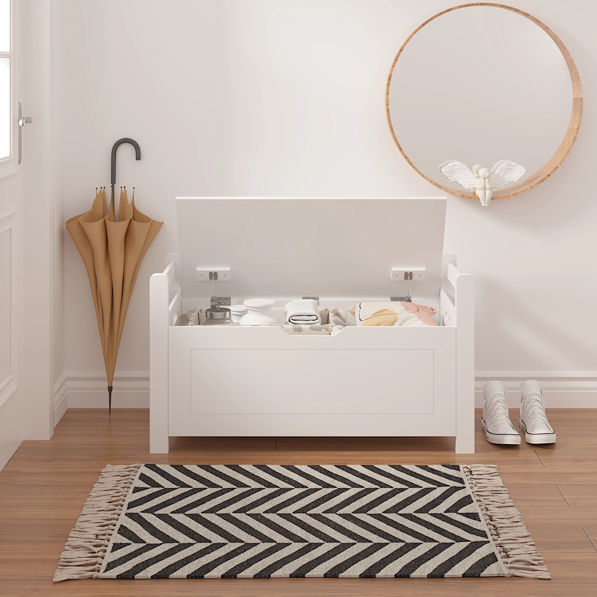 White Kids Toy Box Bench with Cushion Seat, Large Storage Chest with Flip-Top Lid & Safety Hinge, Toy Organizer Trunk for Nursery, Playroom view 21