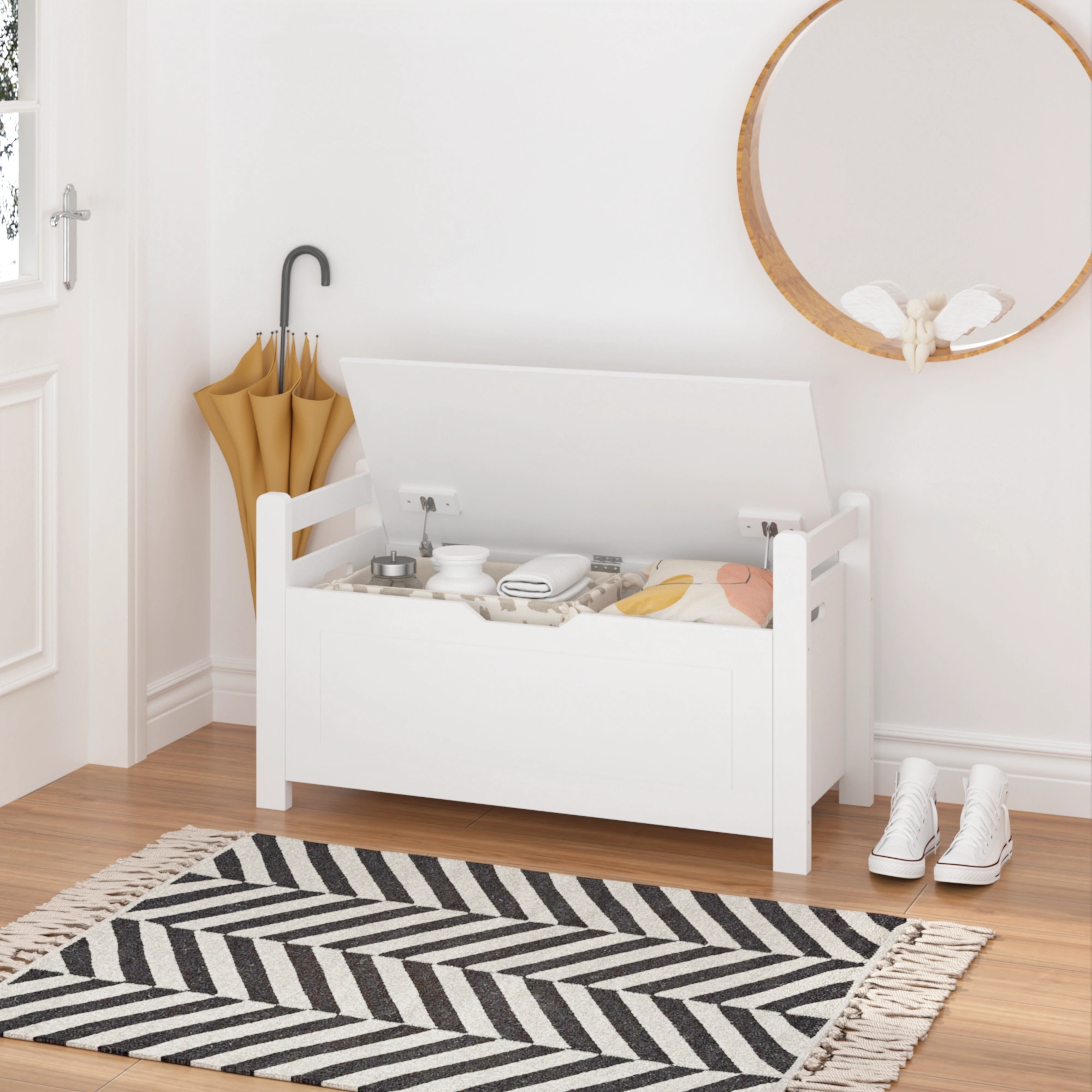 White Kids Toy Box Bench with Cushion Seat, Large Storage Chest with Flip-Top Lid & Safety Hinge, Toy Organizer Trunk for Nursery, Playroom view 22