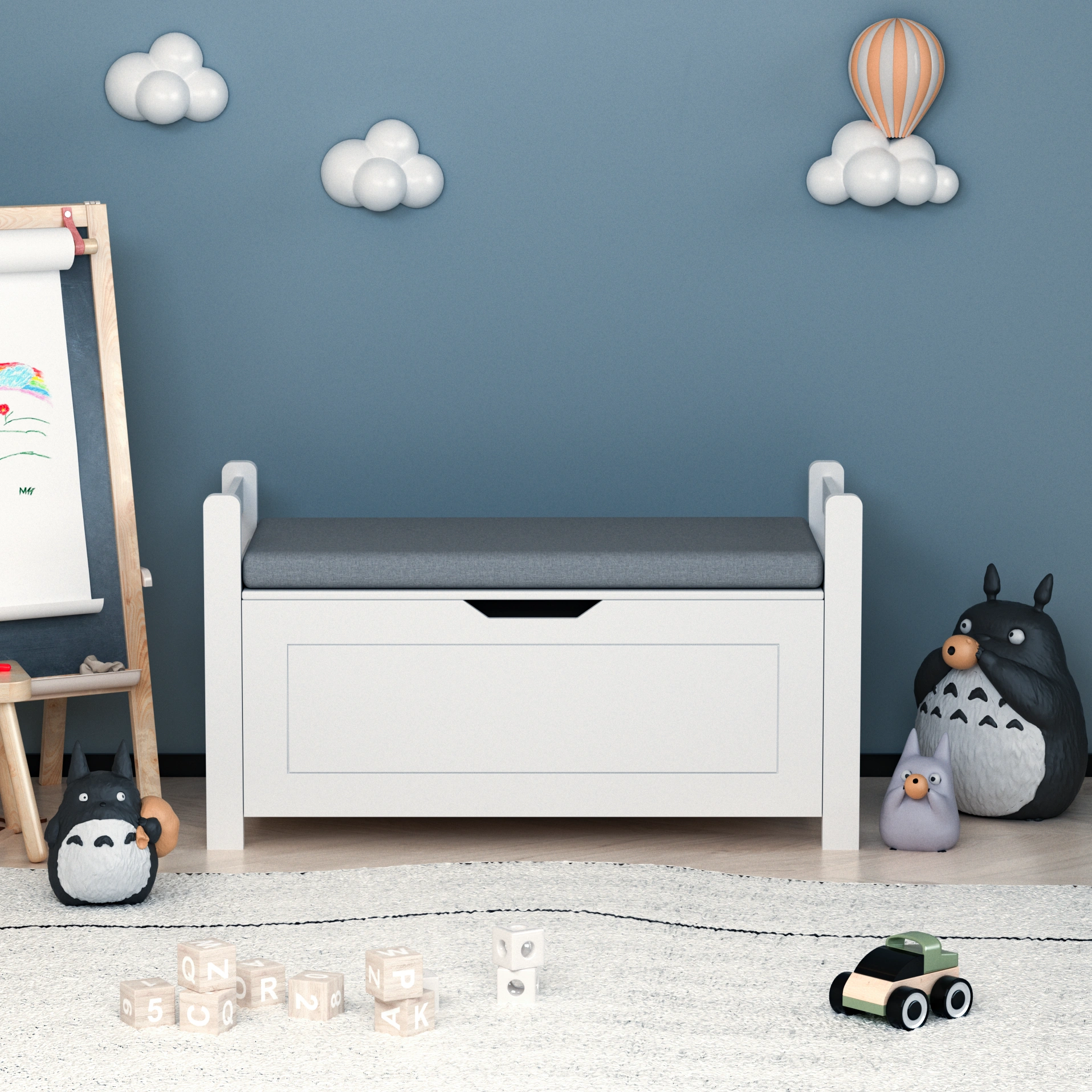 White Kids Toy Box Bench with Cushion Seat, Large Storage Chest with Flip-Top Lid & Safety Hinge, Toy Organizer Trunk for Nursery, Playroom view 23
