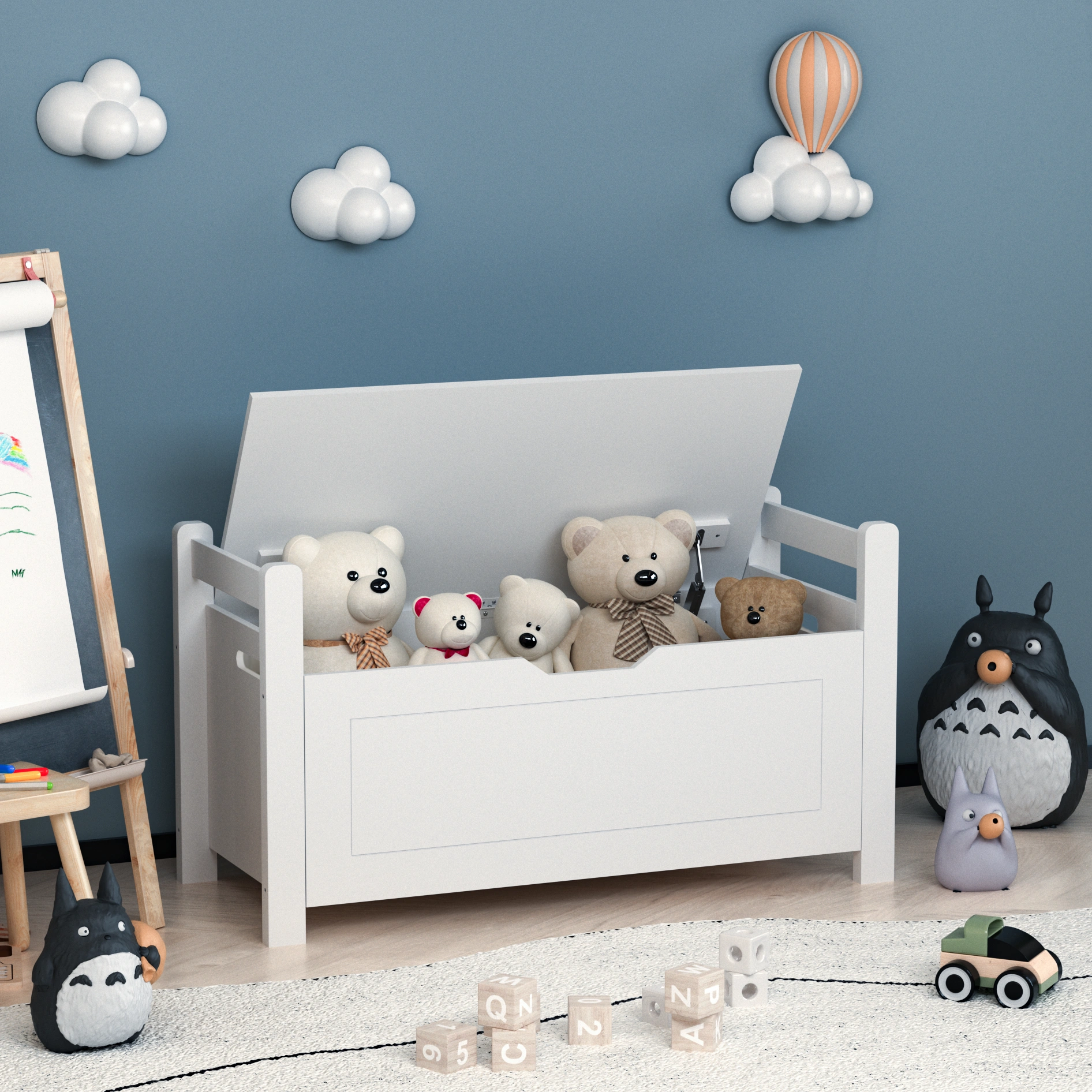 White Kids Toy Box Bench with Cushion Seat, Large Storage Chest with Flip-Top Lid & Safety Hinge, Toy Organizer Trunk for Nursery, Playroom view 24