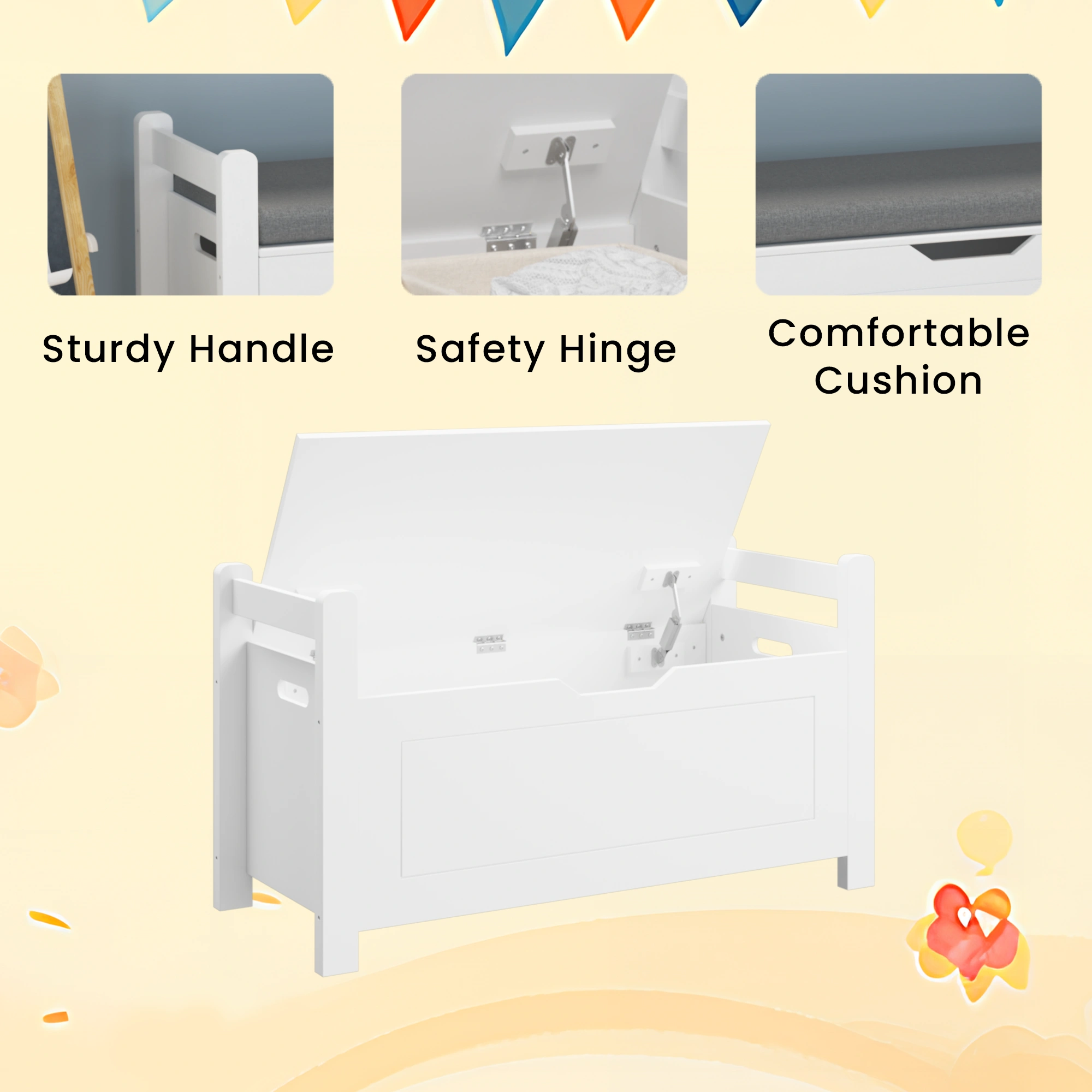 White Kids Toy Box Bench with Cushion Seat, Large Storage Chest with Flip-Top Lid & Safety Hinge, Toy Organizer Trunk for Nursery, Playroom view 3