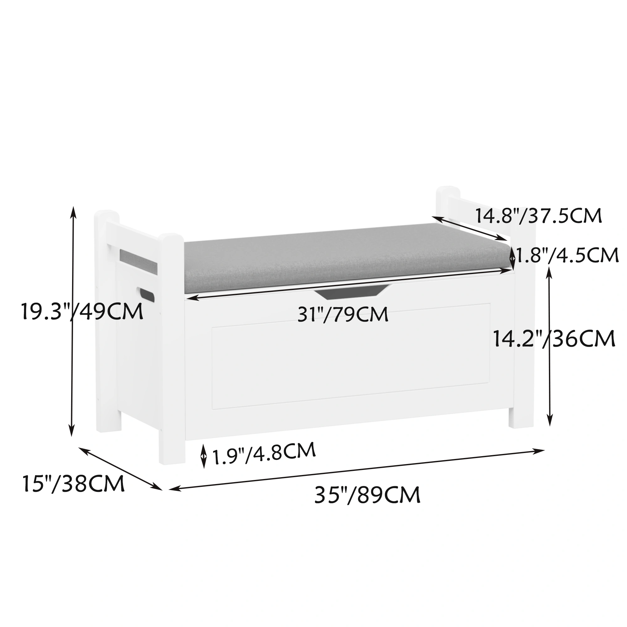 White Kids Toy Box Bench with Cushion Seat, Large Storage Chest with Flip-Top Lid & Safety Hinge, Toy Organizer Trunk for Nursery, Playroom view 4