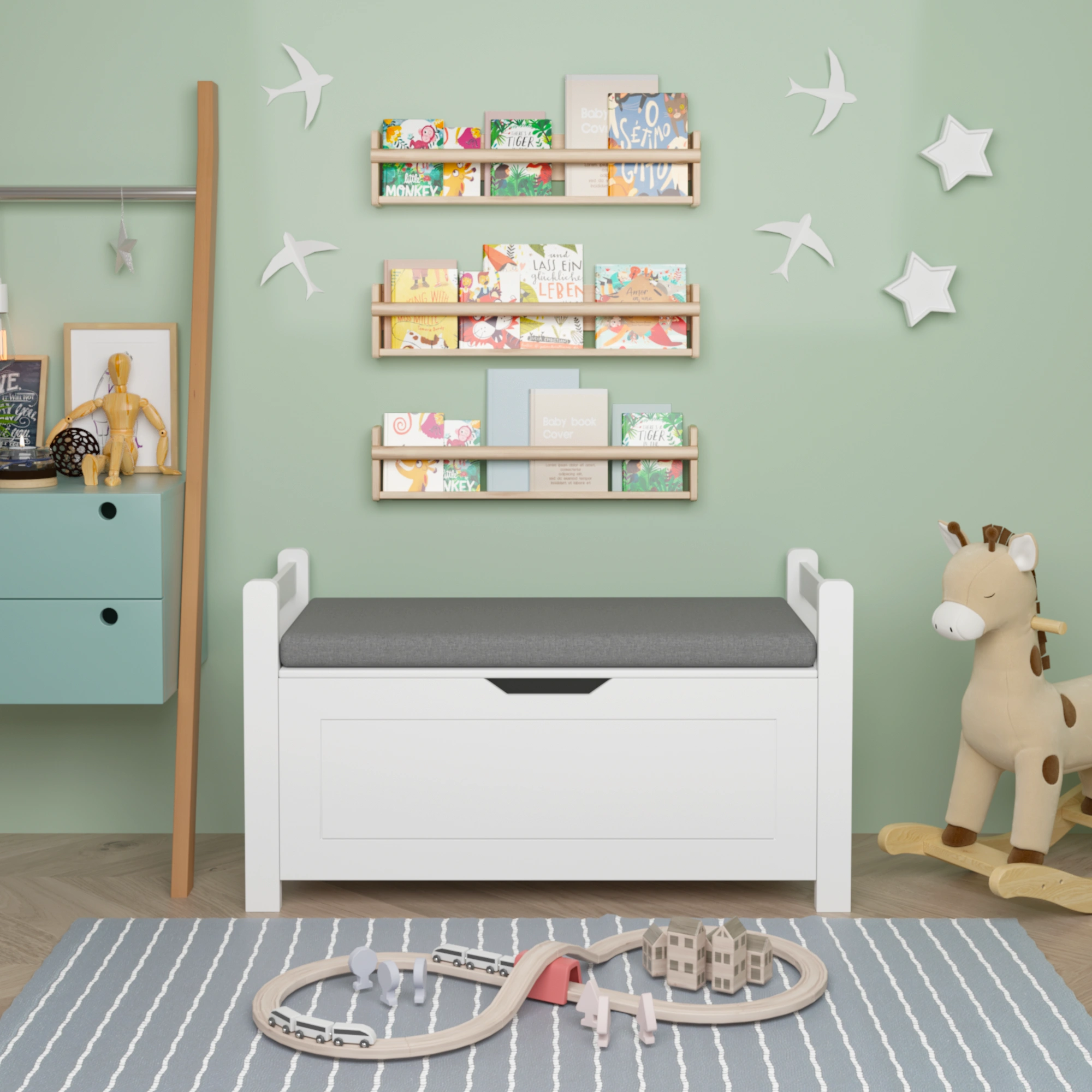 White Kids Toy Box Bench with Cushion Seat, Large Storage Chest with Flip-Top Lid & Safety Hinge, Toy Organizer Trunk for Nursery, Playroom view 9