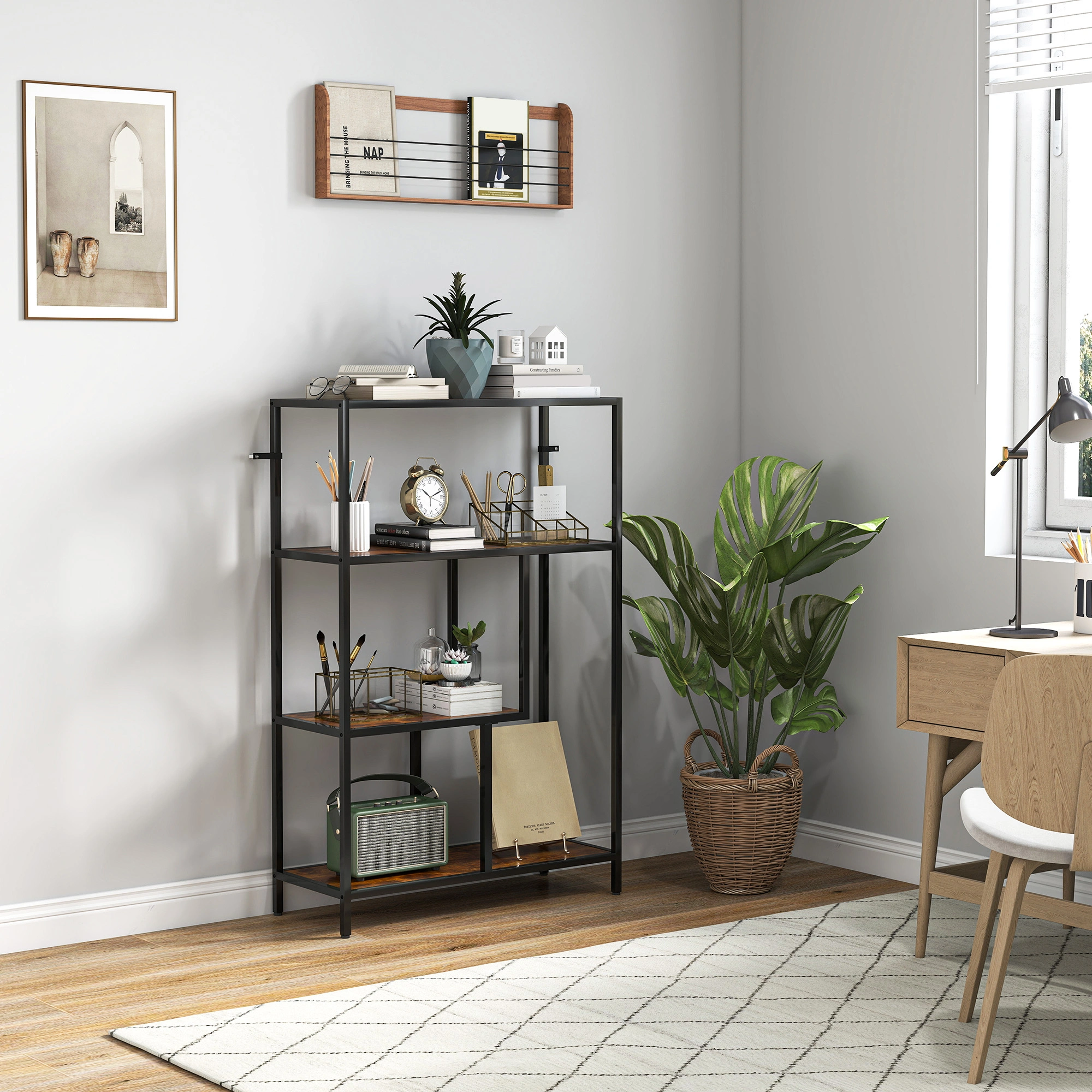 Bookshelf Storage Cabinet with Doors, Wooden Display Rack Organizer Shelf for Home Office, Brown