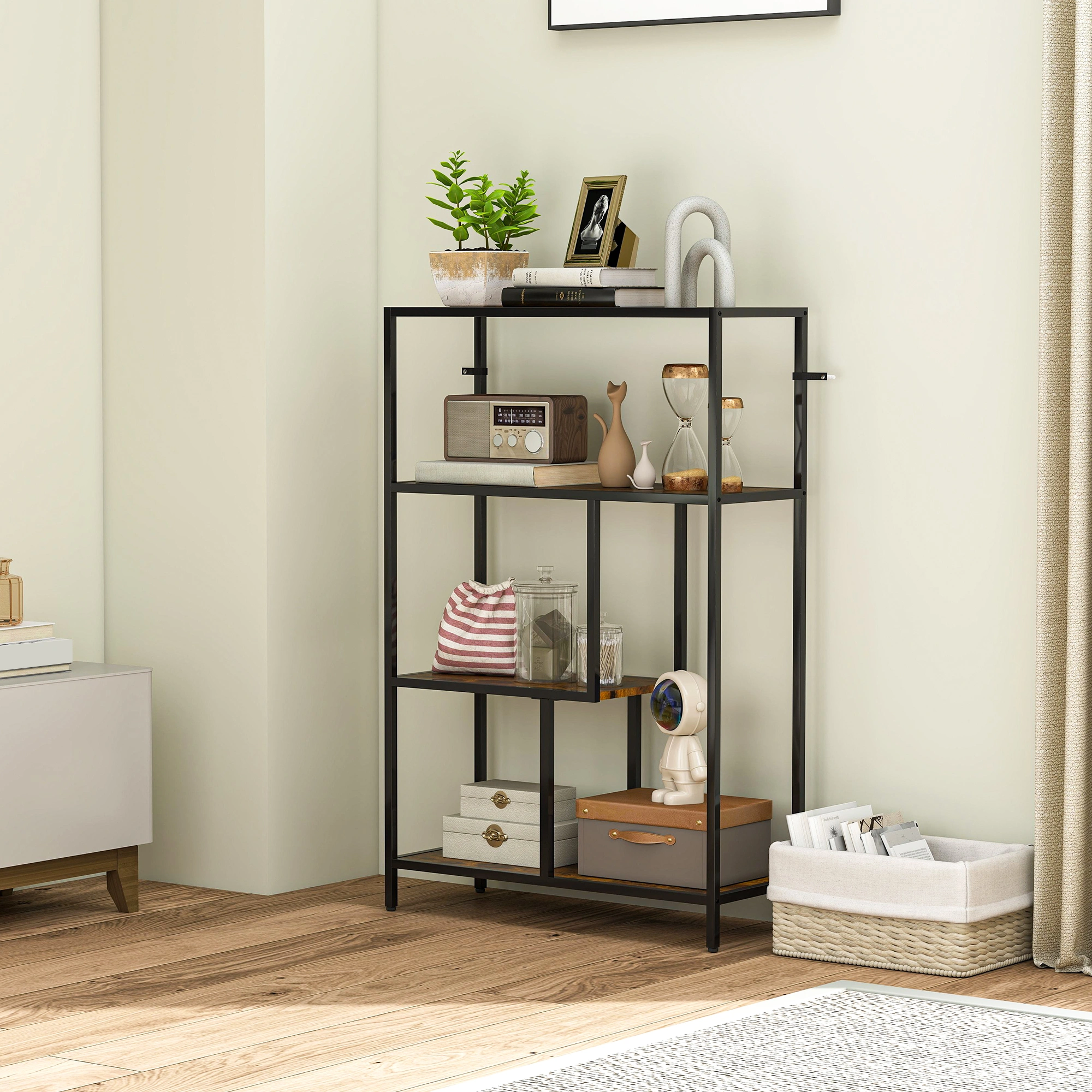 Bookshelf Storage Cabinet with Doors, Wooden Display Rack Organizer Shelf for Home Office, Brown view 4