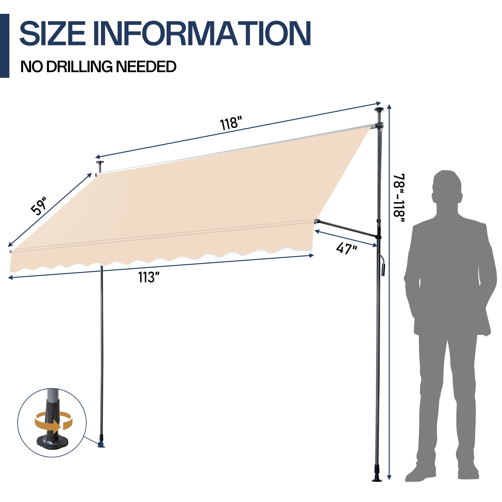 118.1"D x 47.2"W x(78.7 -118.1)"H Retractable Awning Khaki view 8