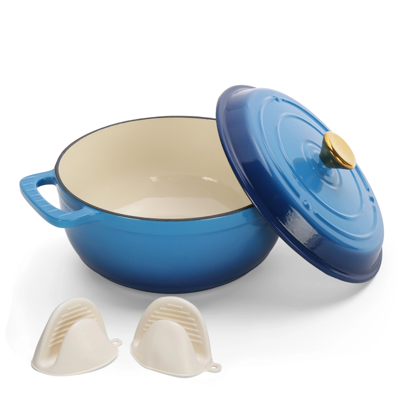 Cast iron 5QT cooking pot - Gradient blue - Includes two silicone gloves - Enamel pot view 4