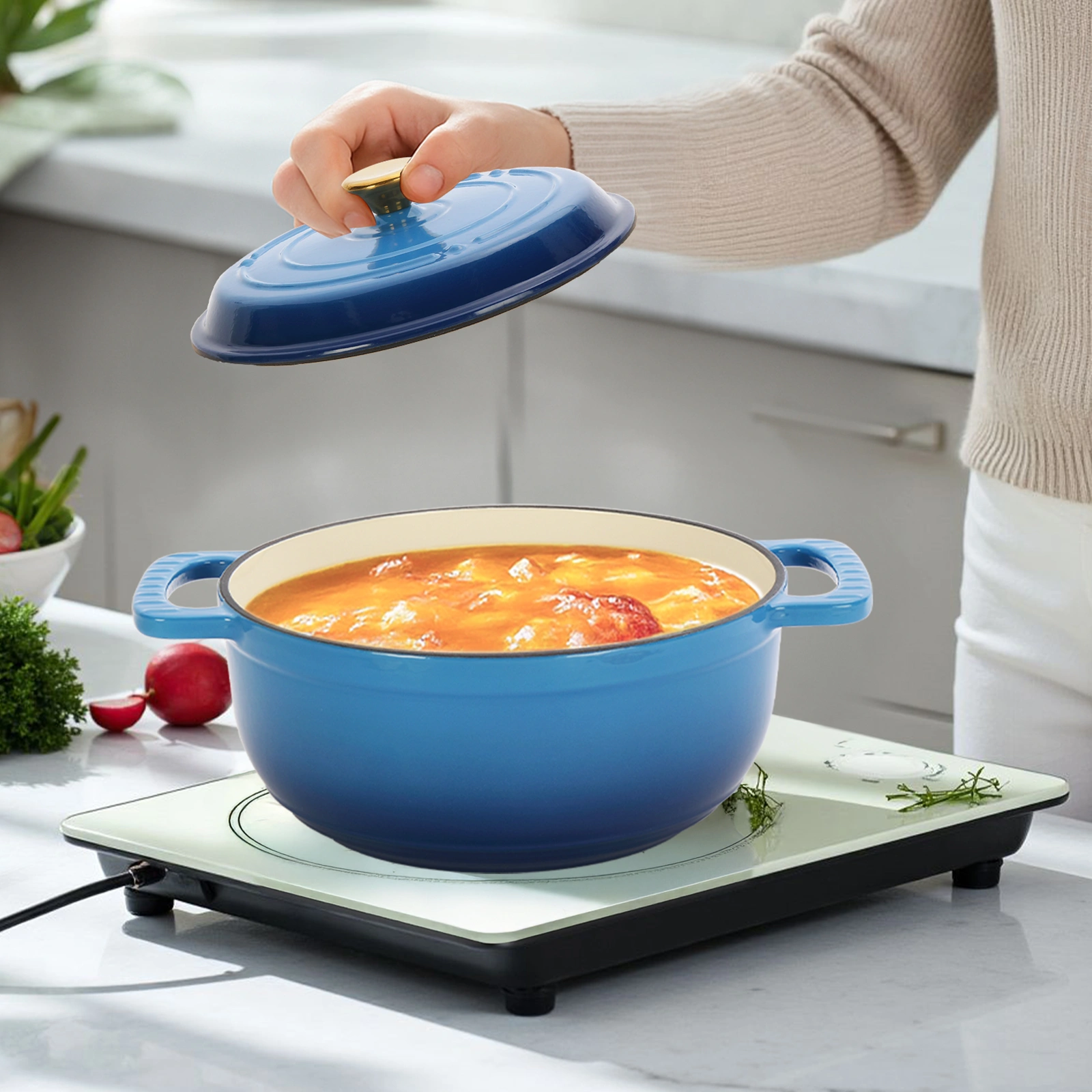 Cast iron 5QT cooking pot - Gradient blue - Includes two silicone gloves - Enamel pot view 8