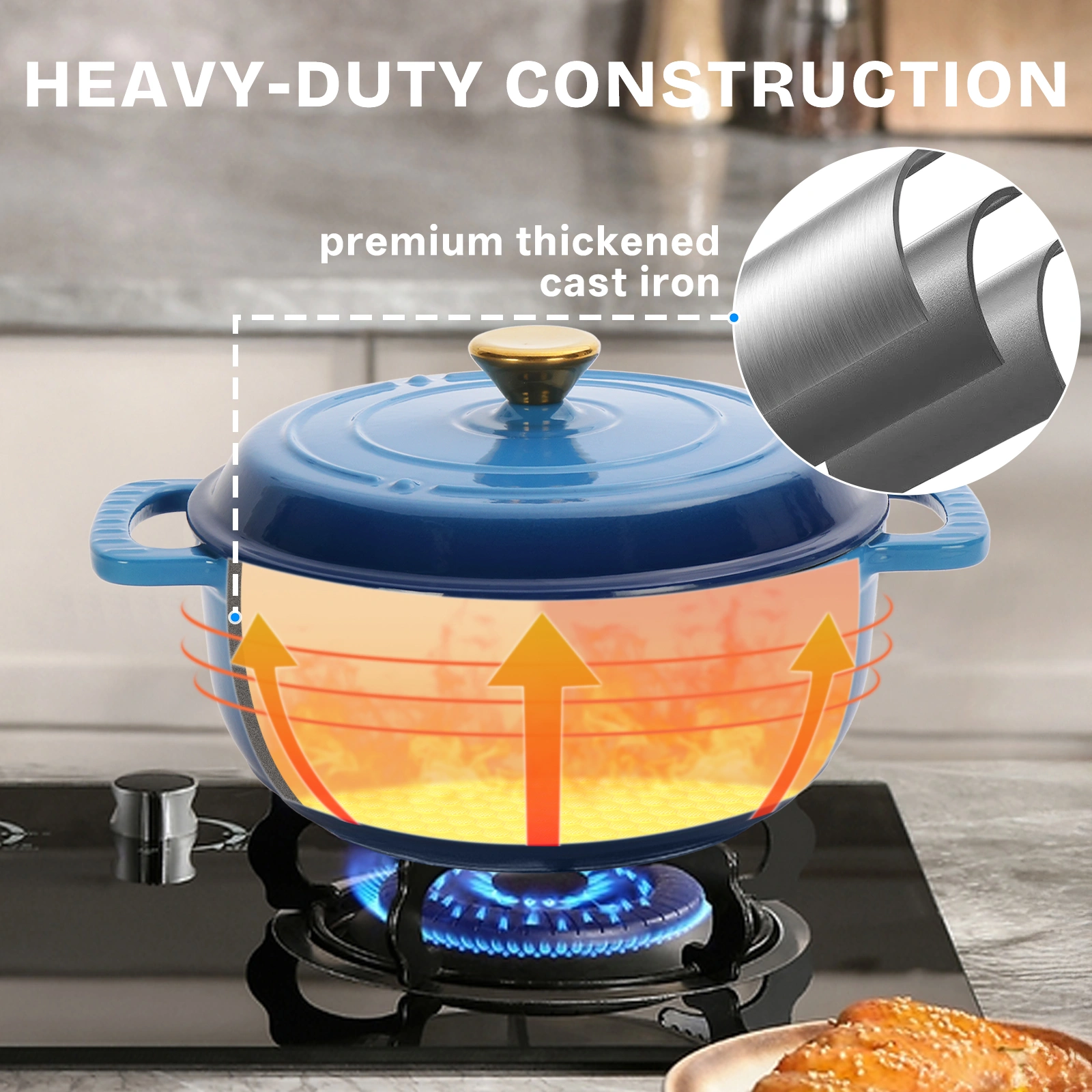 Cast iron 5QT cooking pot - Gradient blue - Includes two silicone gloves - Enamel pot view 9