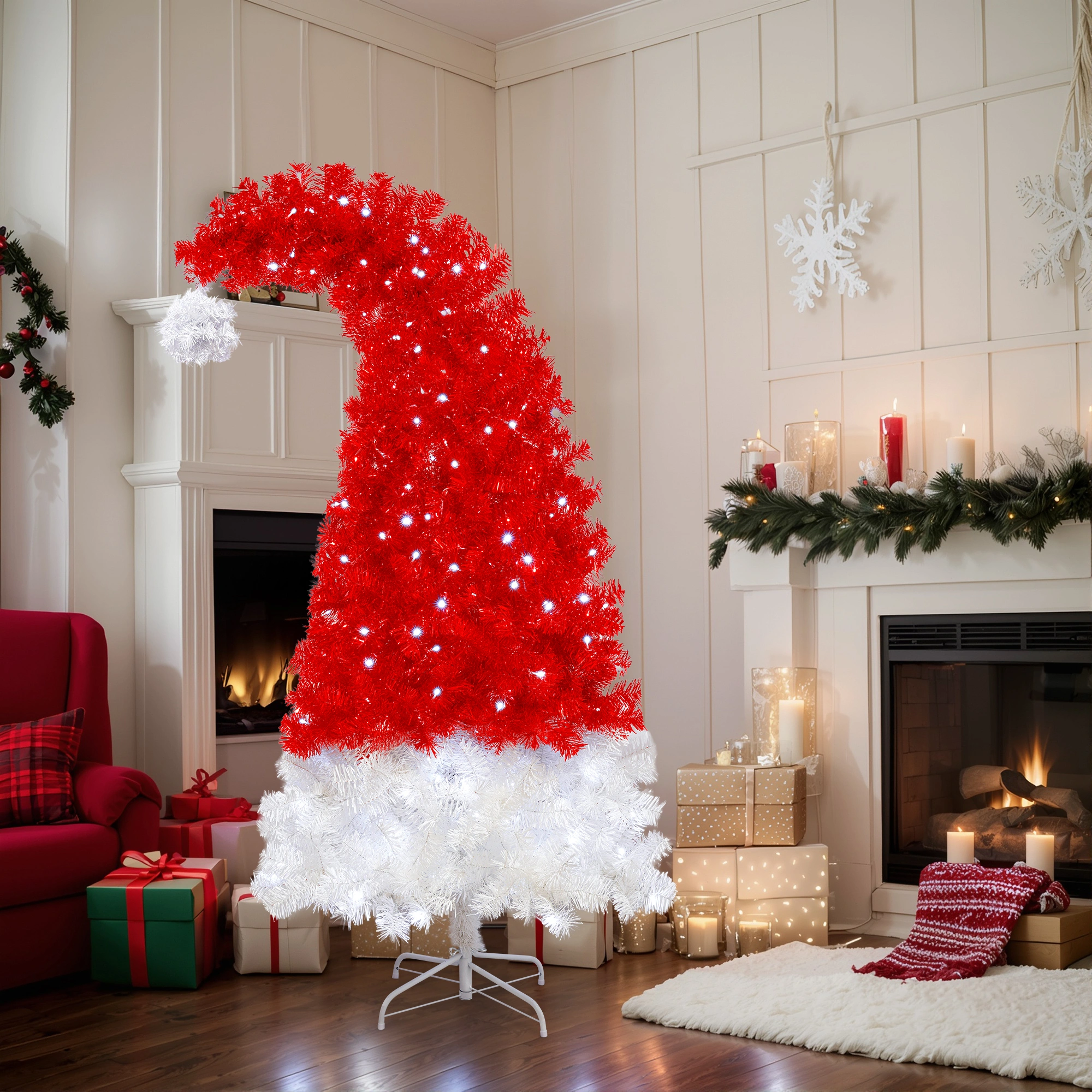 6FT Santa Hat Artificial Christmas Tree with LED Lights, 1050 Curved Tips, Whimsical Xmas Tree view 12