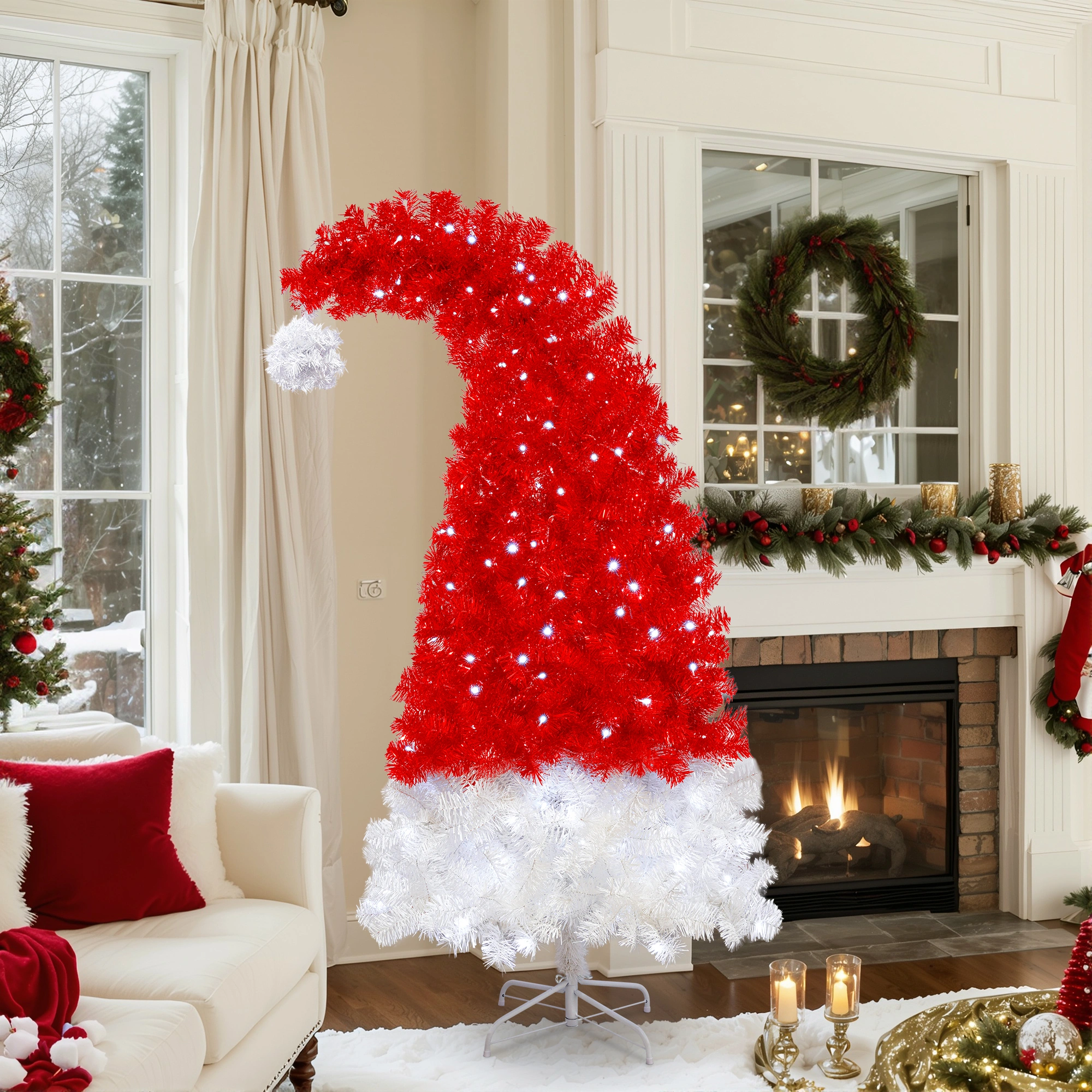 6FT Santa Hat Artificial Christmas Tree with LED Lights, 1050 Curved Tips, Whimsical Xmas Tree view 13