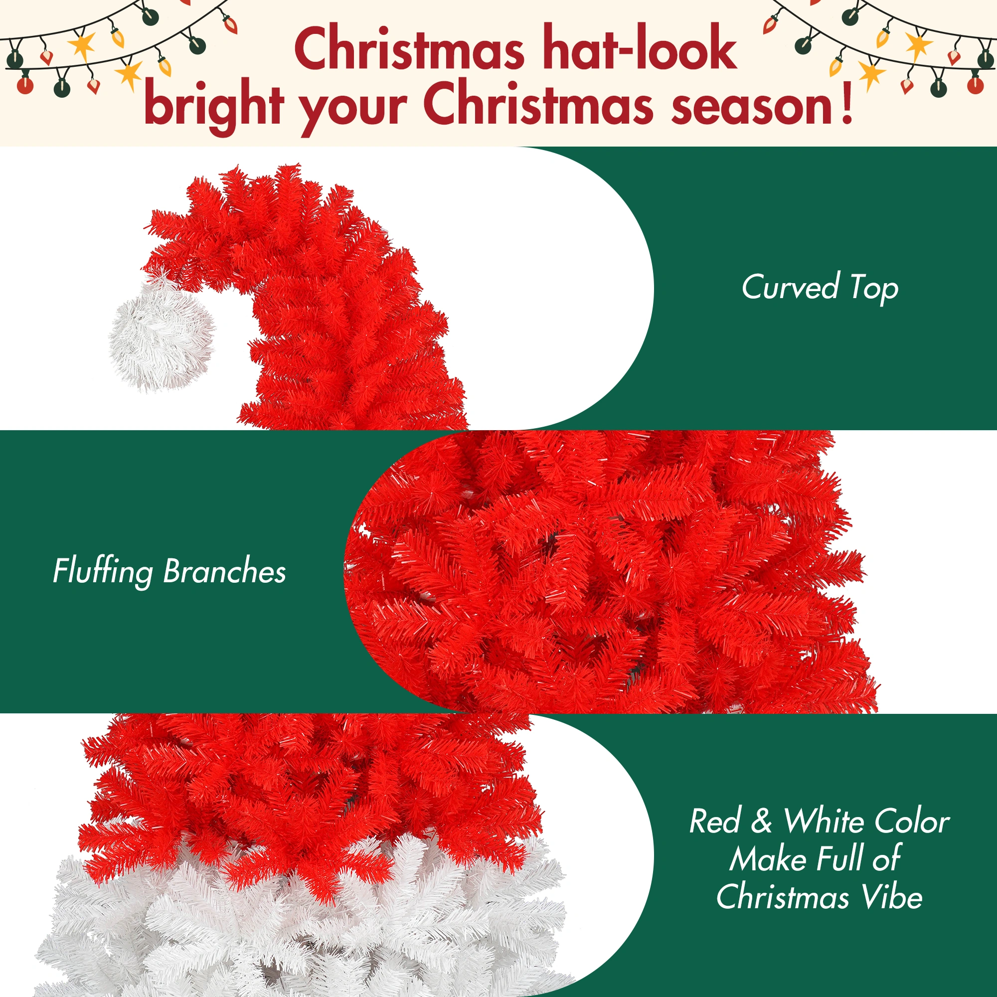 6FT Santa Hat Artificial Christmas Tree with LED Lights, 1050 Curved Tips, Whimsical Xmas Tree view 3