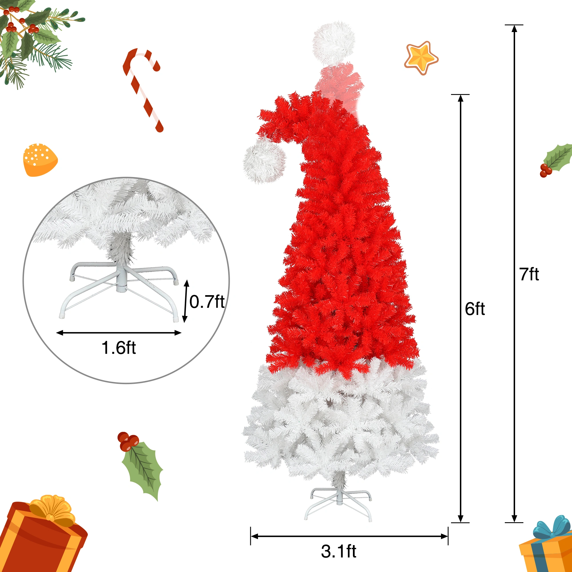 6FT Santa Hat Artificial Christmas Tree with LED Lights, 1050 Curved Tips, Whimsical Xmas Tree view 6
