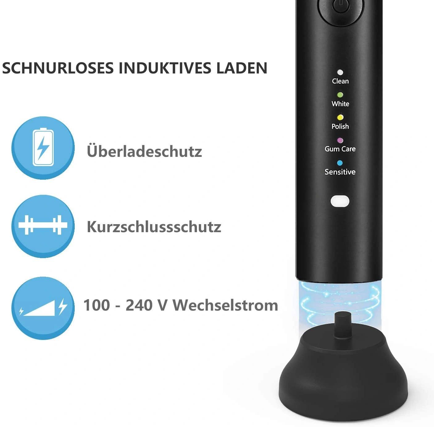 Olybo Sonic Electric Toothbrush, 5 Cleaning Modes, 6 Replacement Brush Heads, Rechargeable IPX7 Waterproof, Includes Travel Case, Black view 3