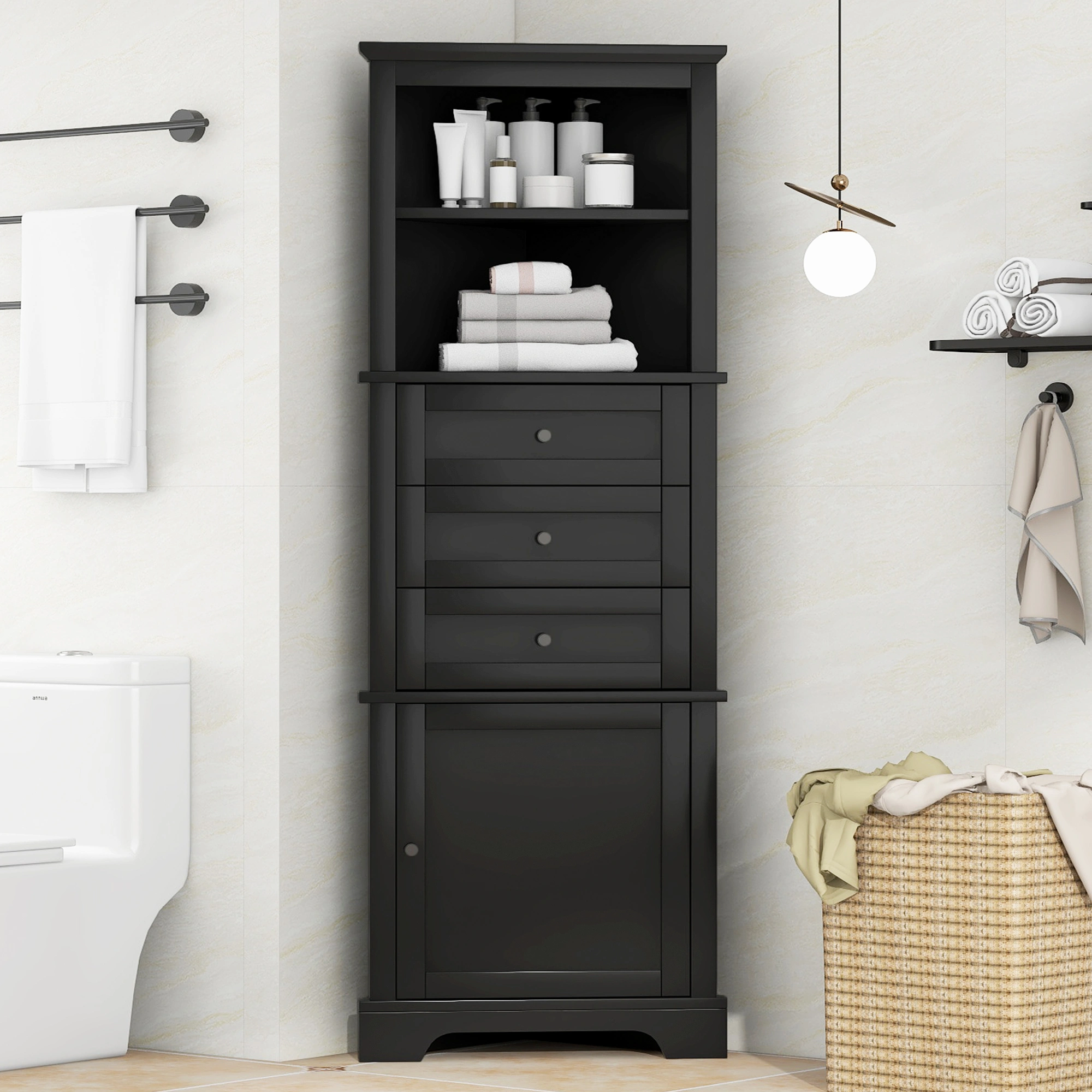 Black Triangle Storage Cabinet Tall 3 Drawer with Adjustable Shelves, MDF Bathroom Kitchen Living Room, WF306469AAG view 16