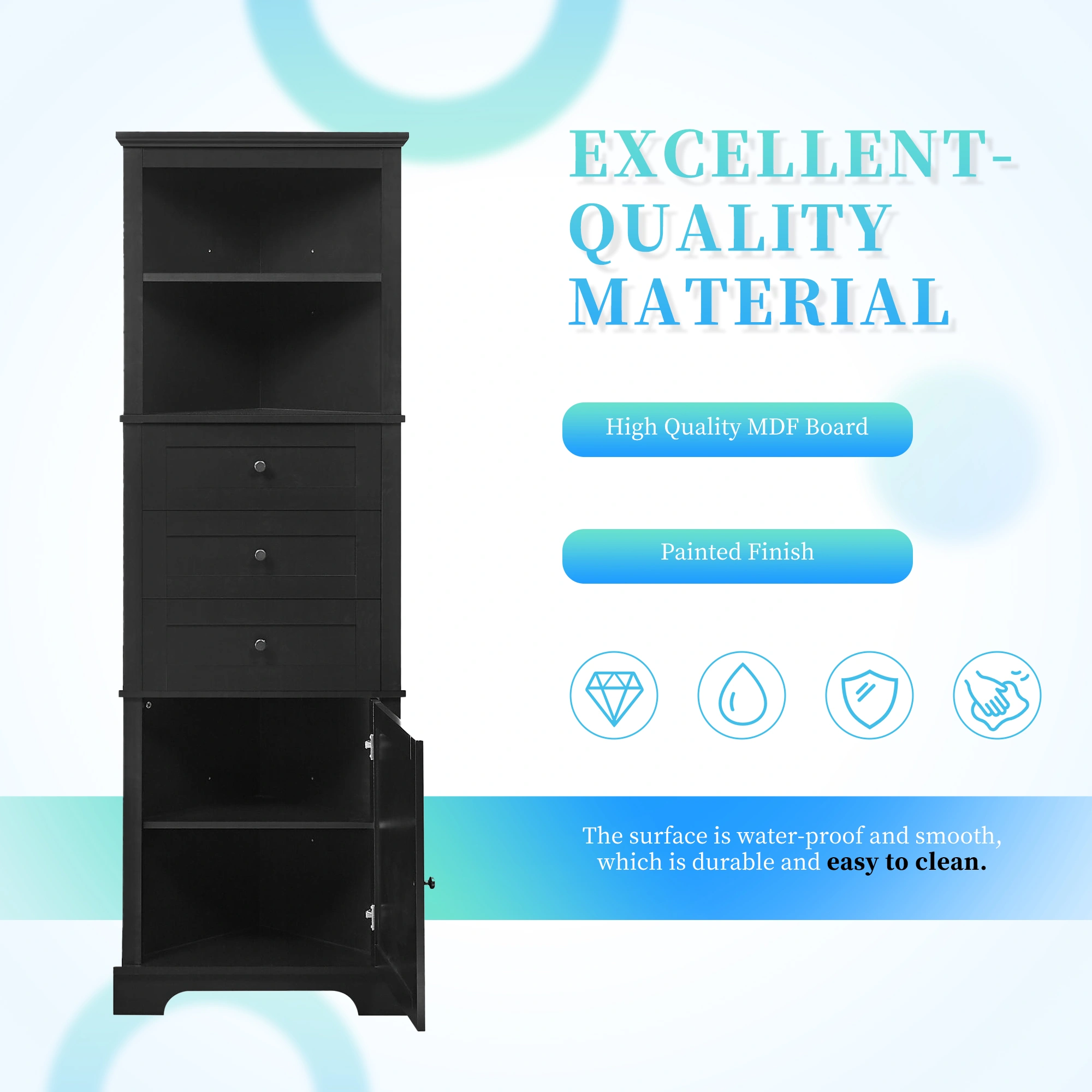 Black Triangle Storage Cabinet Tall 3 Drawer with Adjustable Shelves, MDF Bathroom Kitchen Living Room, WF306469AAG view 17