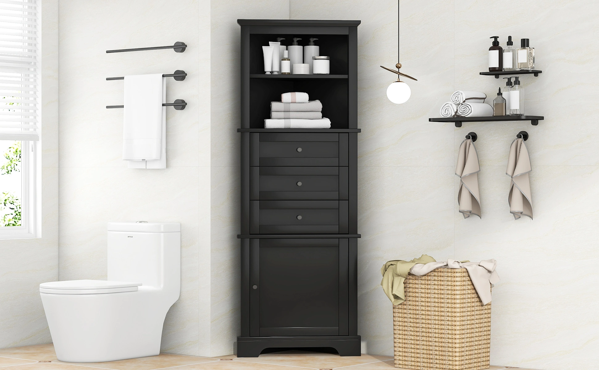 Black Triangle Storage Cabinet Tall 3 Drawer with Adjustable Shelves, MDF Bathroom Kitchen Living Room, WF306469AAG view 18