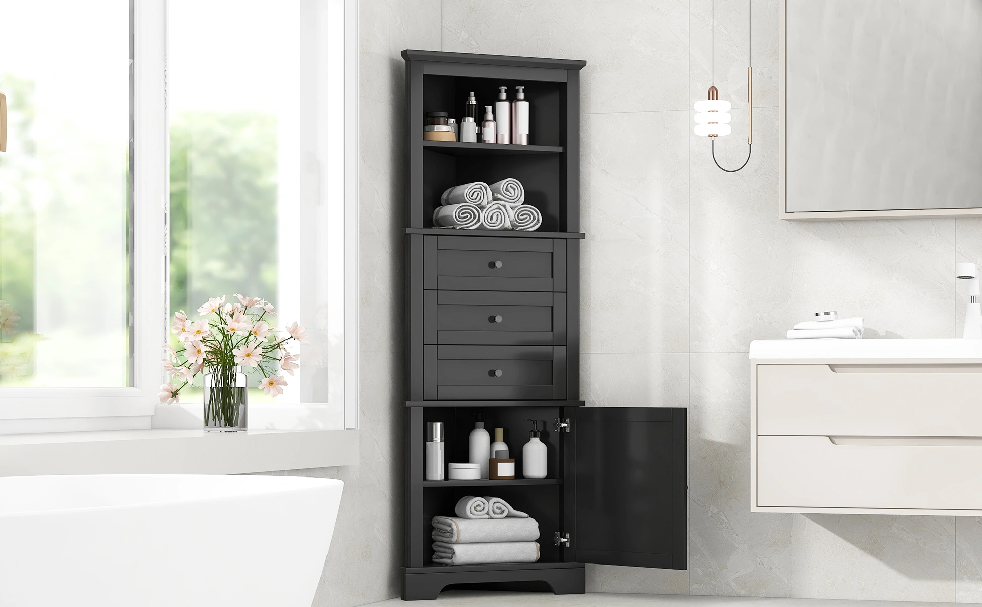 Black Triangle Storage Cabinet Tall 3 Drawer with Adjustable Shelves, MDF Bathroom Kitchen Living Room, WF306469AAG view 2