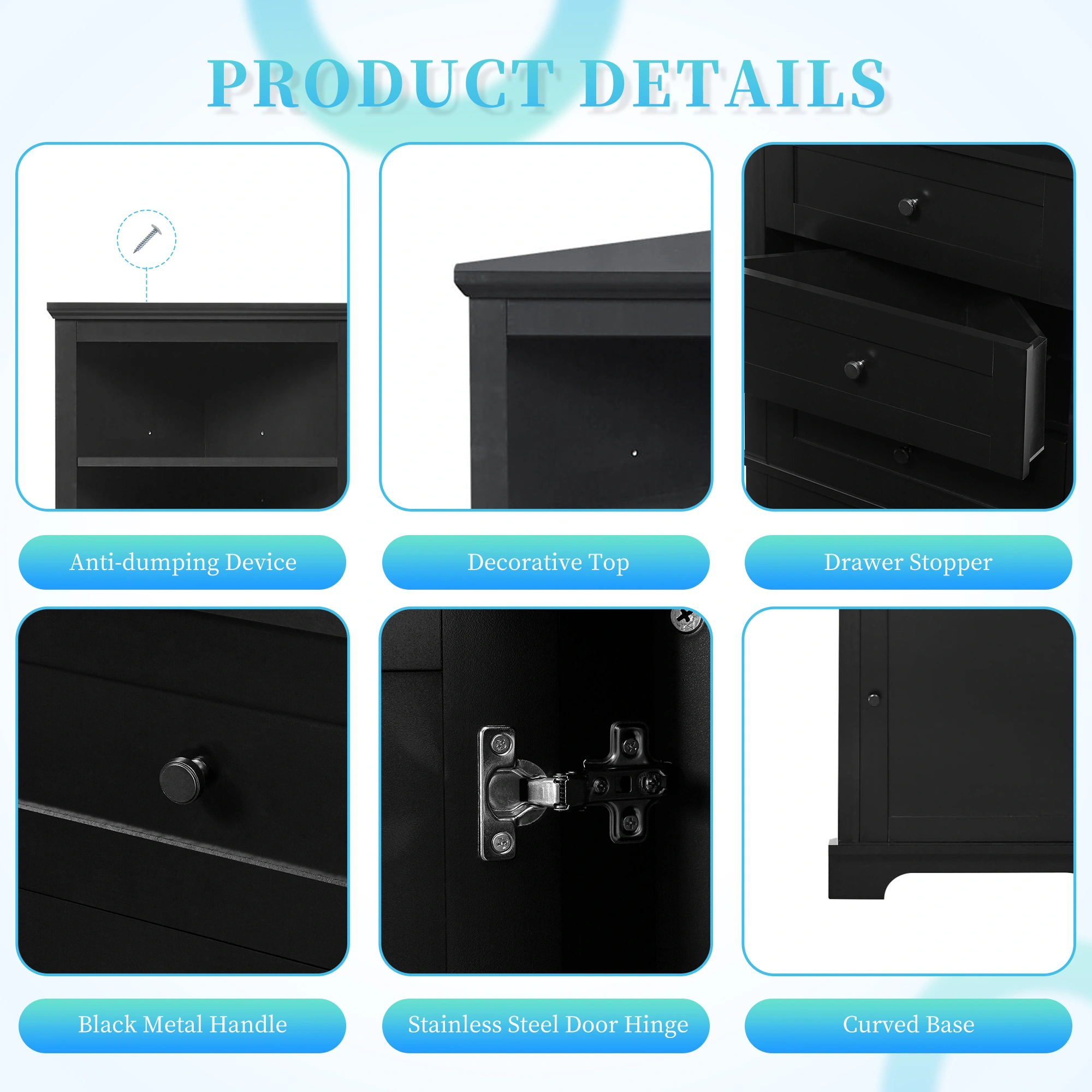 Black Triangle Storage Cabinet Tall 3 Drawer with Adjustable Shelves, MDF Bathroom Kitchen Living Room, WF306469AAG view 22