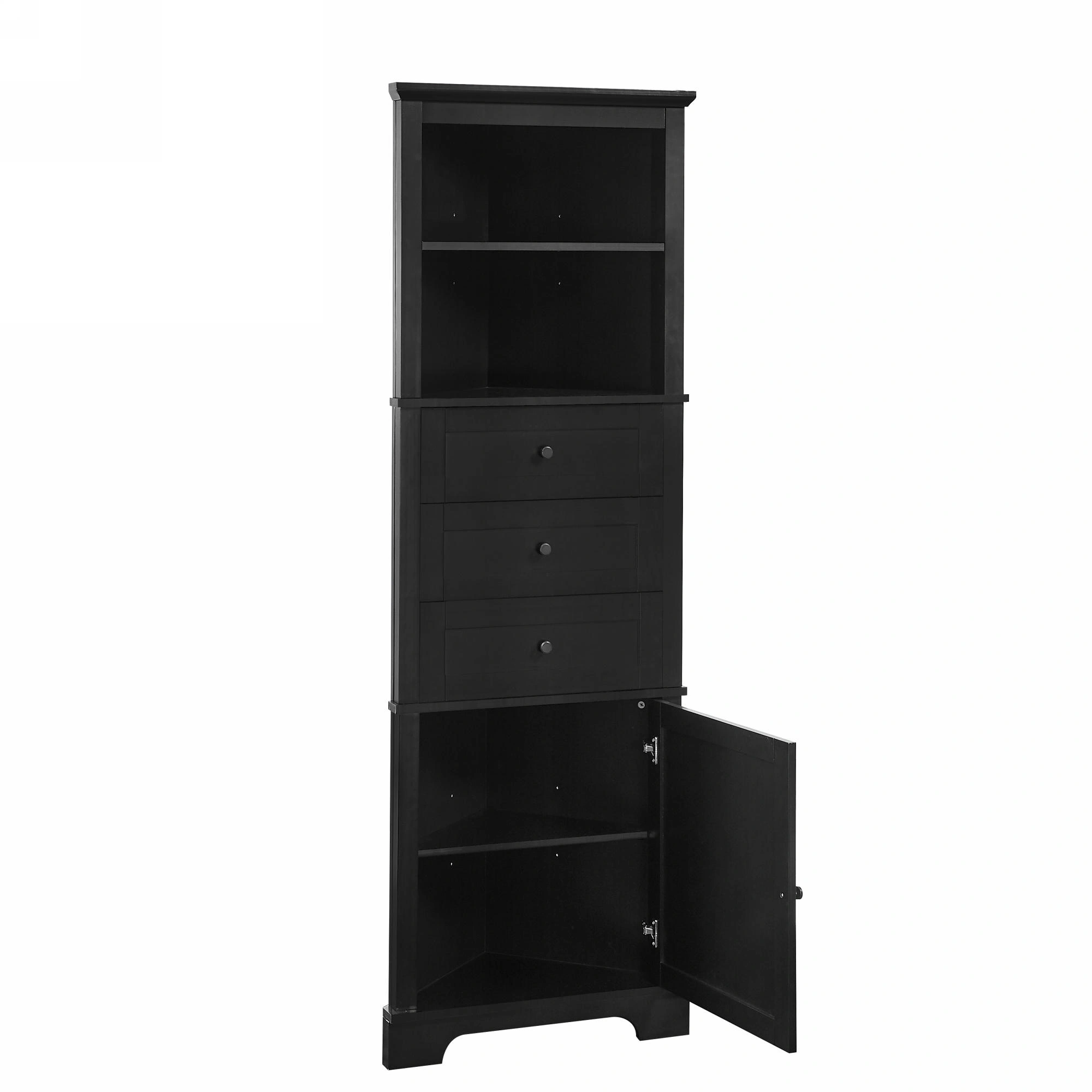 Black Triangle Storage Cabinet Tall 3 Drawer with Adjustable Shelves, MDF Bathroom Kitchen Living Room, WF306469AAG view 4