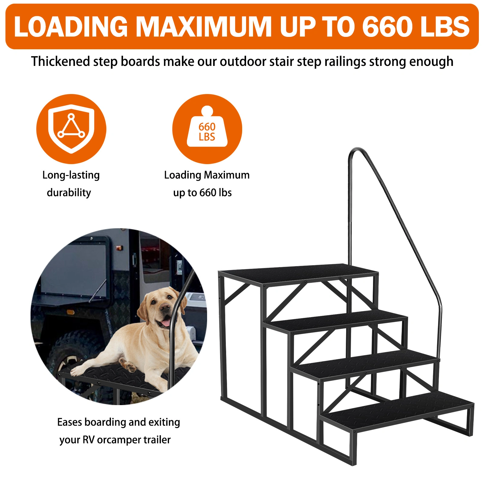 4-Step Ladder with Handle, Non-Slip Steel Safety Ladder for Camper Pool, Max 300 kg Weight Capacity, Step Ladder for Mobile Home Porch view 2