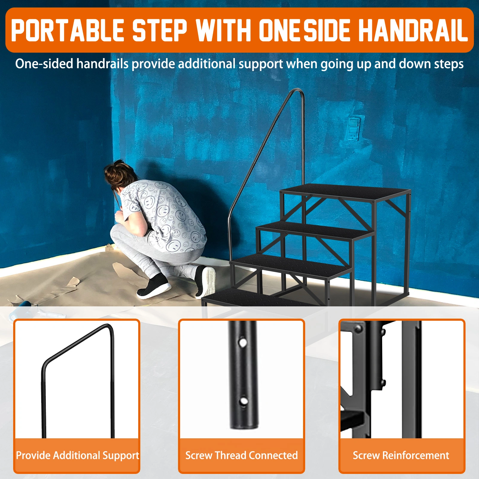 4-Step Ladder with Handle, Non-Slip Steel Safety Ladder for Camper Pool, Max 300 kg Weight Capacity, Step Ladder for Mobile Home Porch view 3