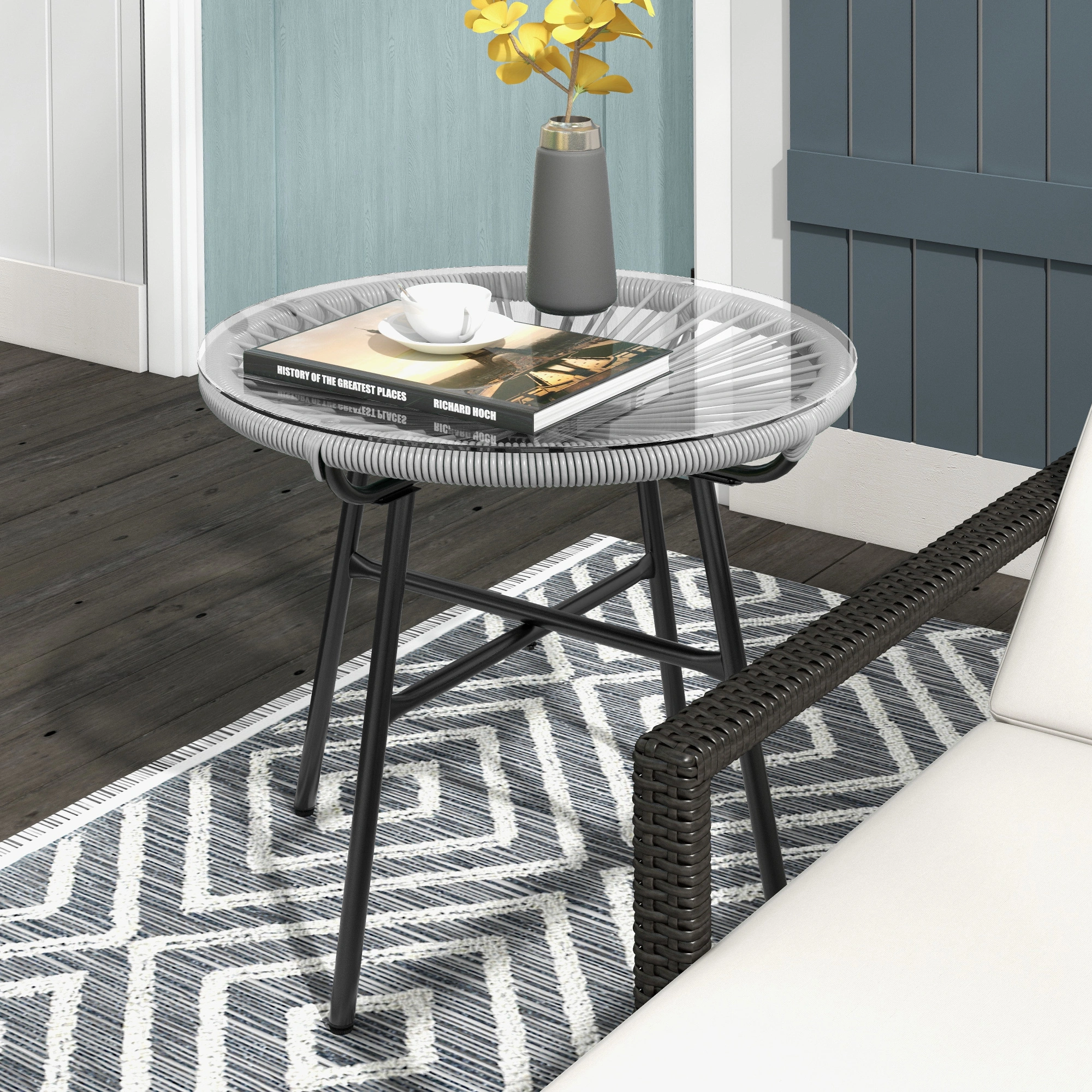 Rattan Coffee Table Set of 2, Small End Table Nightstand, Wicker Accent Table with Metal Frame for Bedroom Living Room