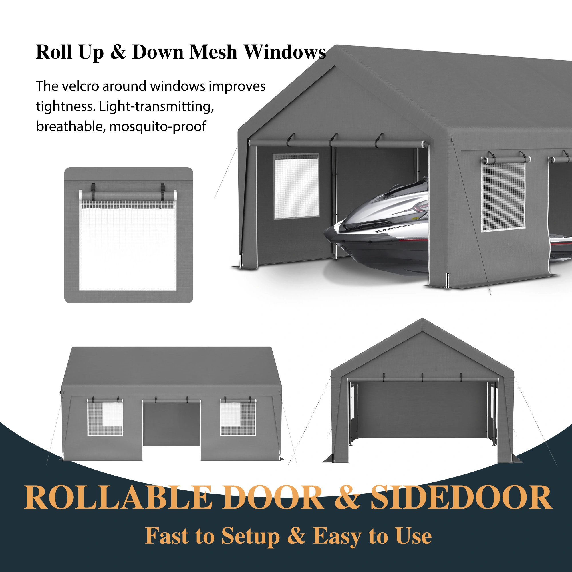 13x20 FT Heavy Duty Carport, Outdoor Garage with Roll-Up Mesh Windows & Side Door, Waterproof UV Resistant Steel Frame for Car Boat Motorcycle view 3