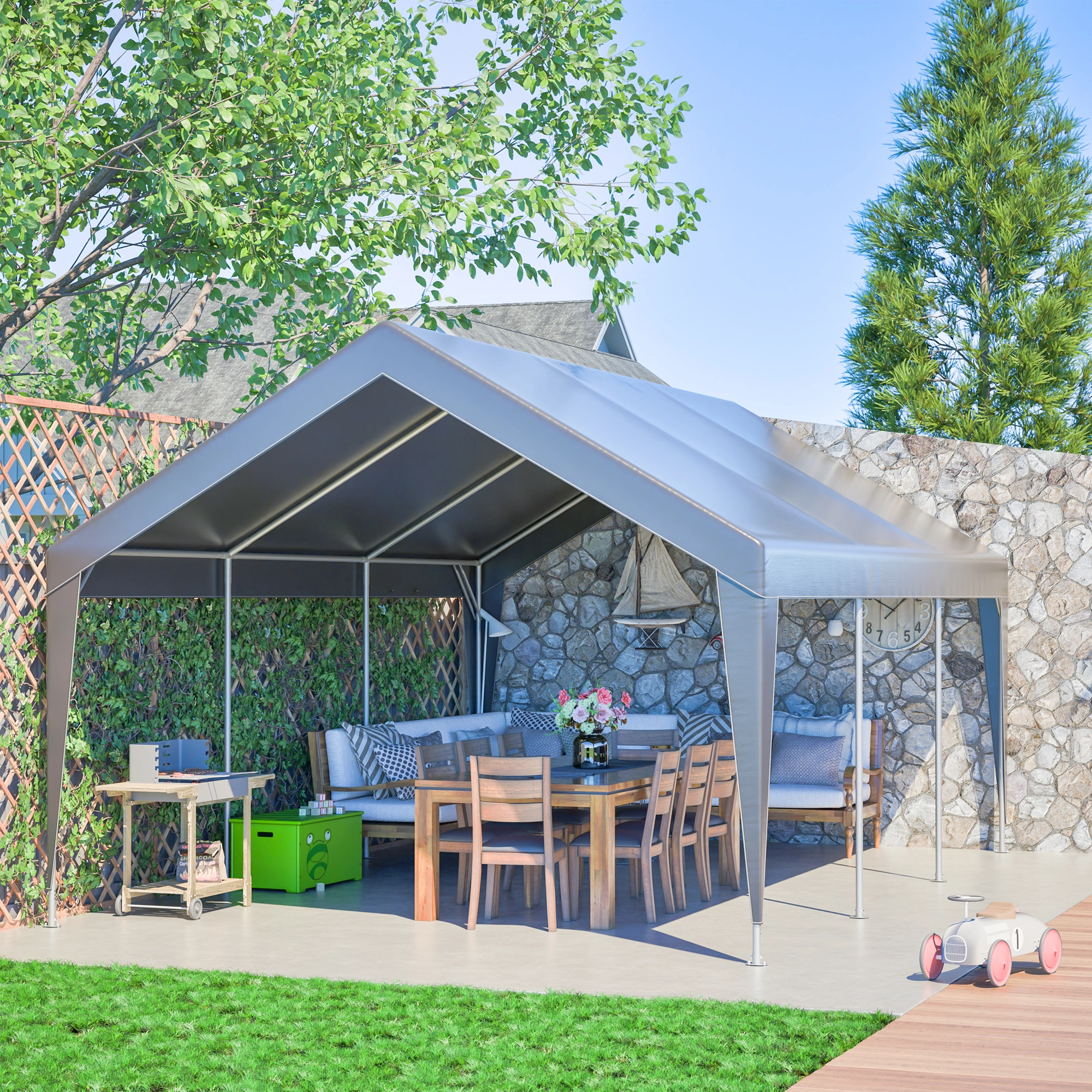 13x20 FT Heavy Duty Carport, Outdoor Garage with Roll-Up Mesh Windows & Side Door, Waterproof UV Resistant Steel Frame for Car Boat Motorcycle view 4
