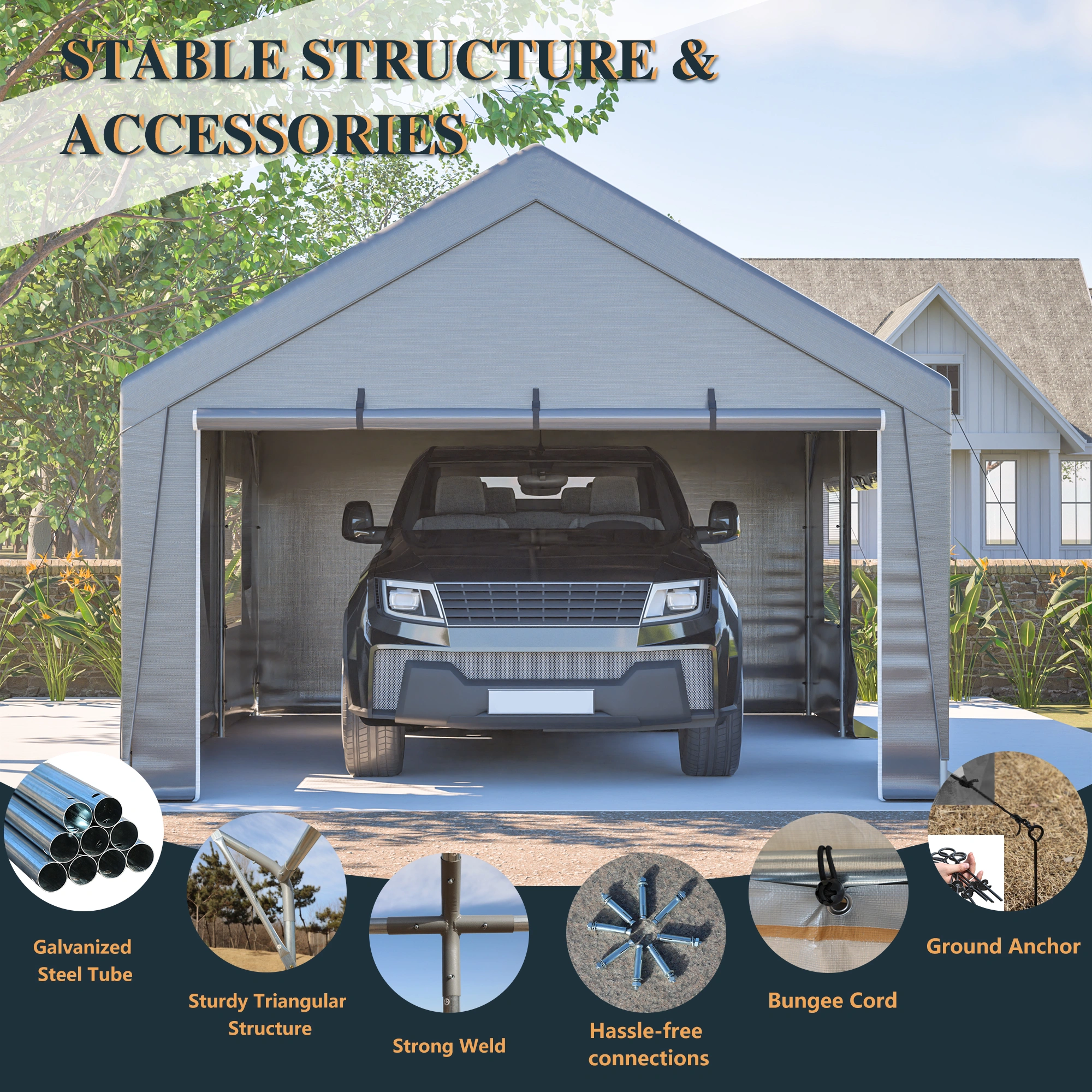 13x20 FT Heavy Duty Carport, Outdoor Garage with Roll-Up Mesh Windows & Side Door, Waterproof UV Resistant Steel Frame for Car Boat Motorcycle view 5