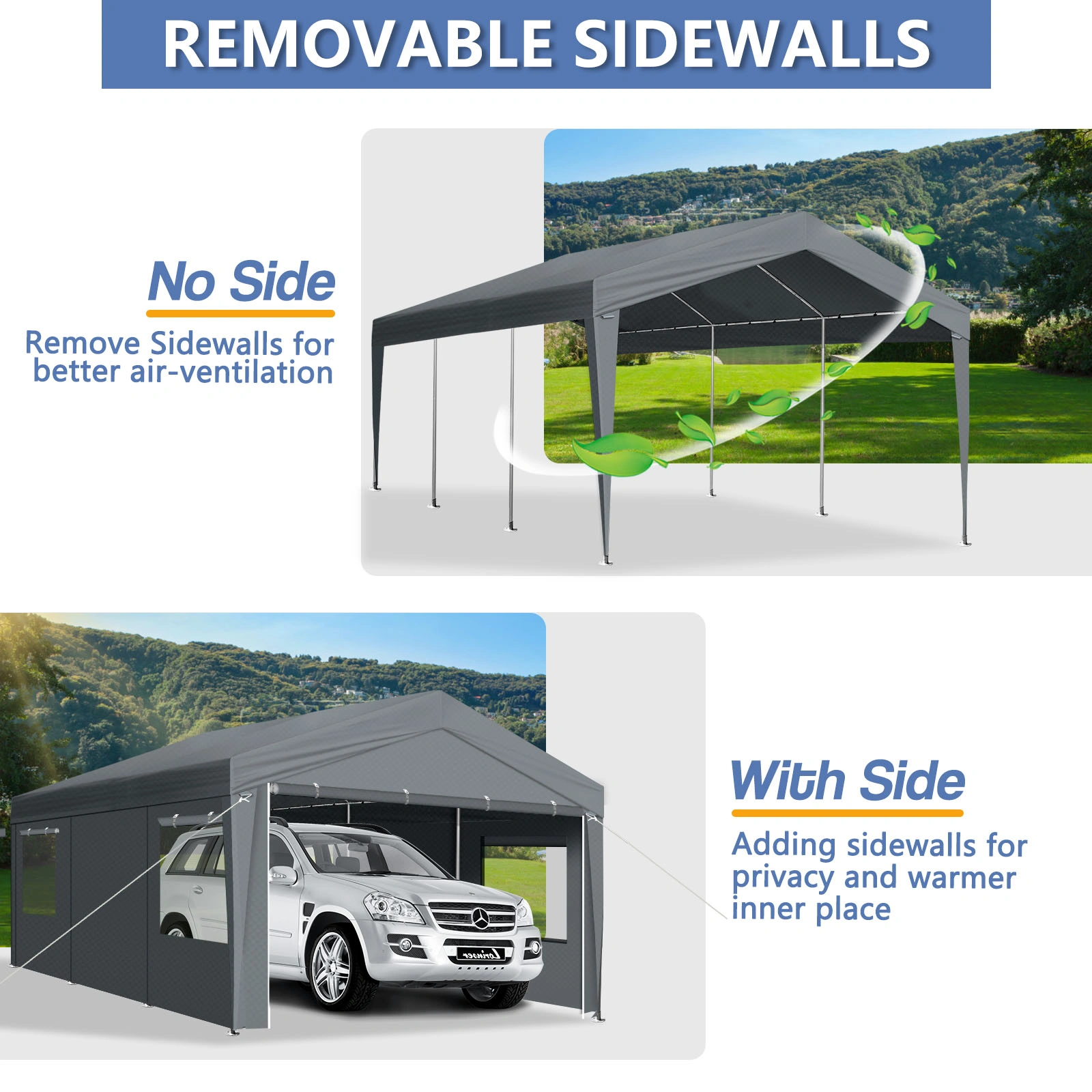 12x20 ft Carport Car Port Canopy Grey view 16